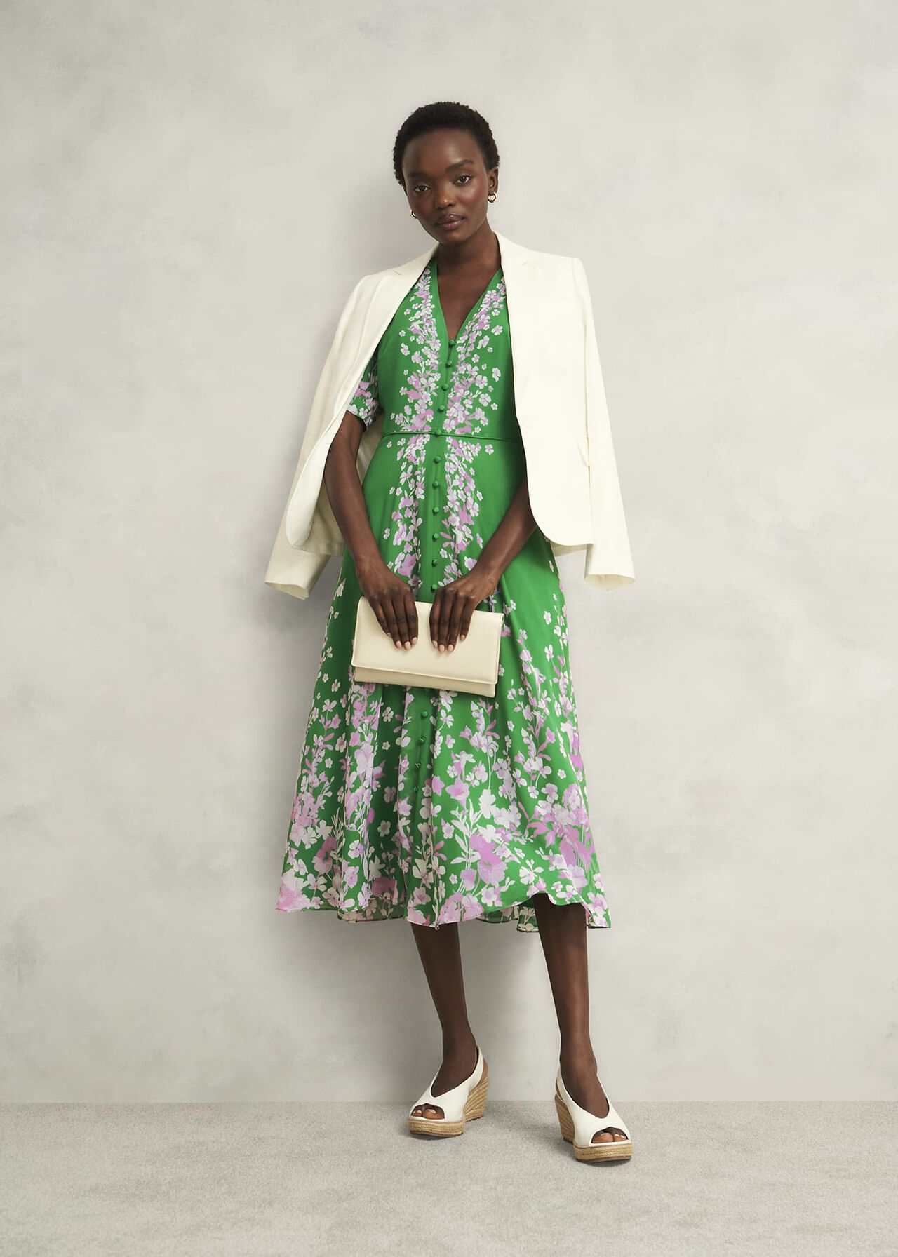 Ana Silk Floral Dress, Green Pink, hi-res