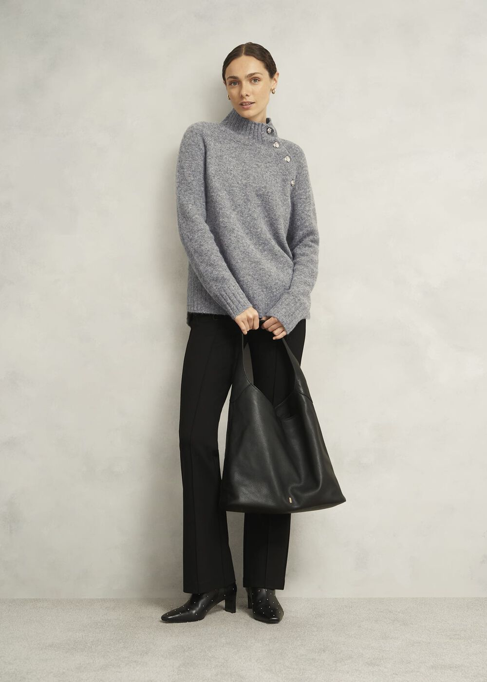Lisbeth Roll Neck Button Detail Knitted Jumper, Mid Grey Marl, hi-res