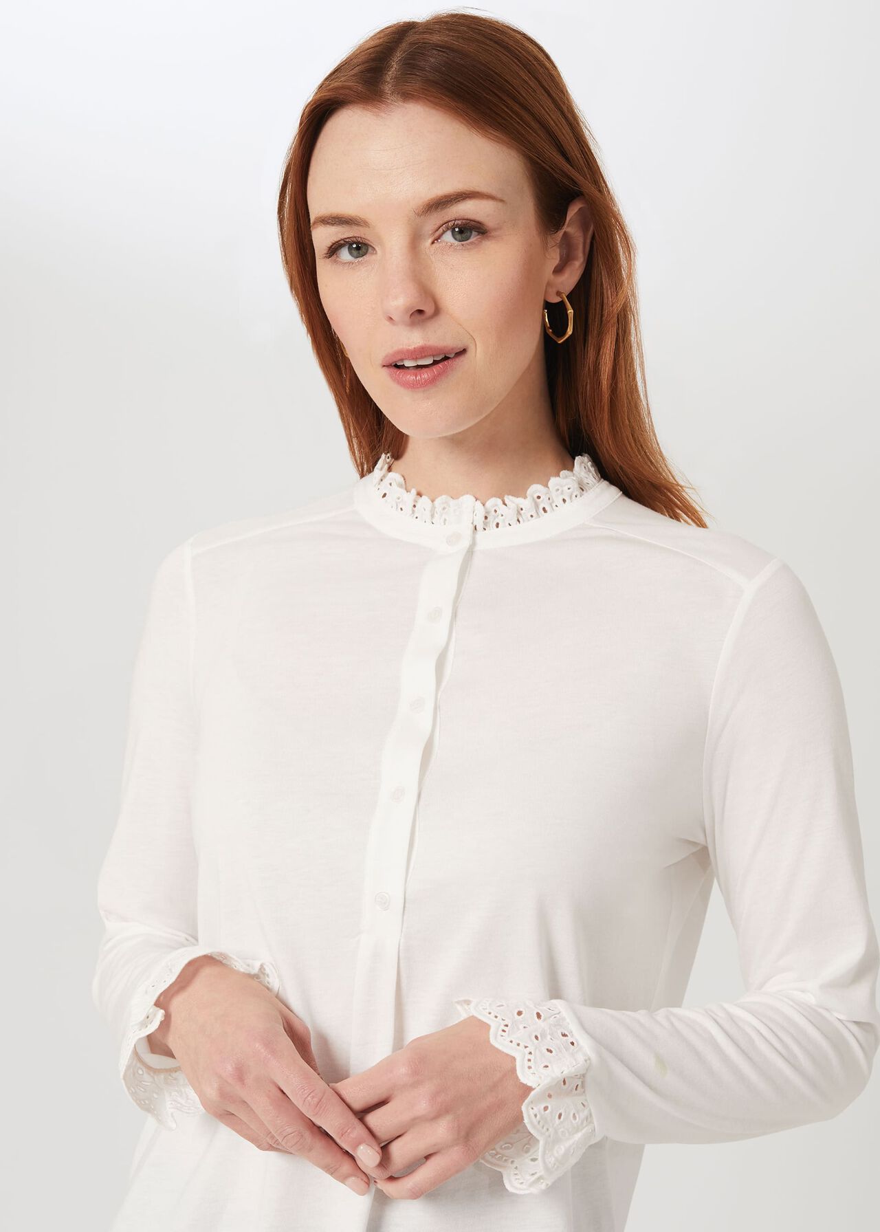 Adalee Broderie Cuff Blouse, Ivory, hi-res