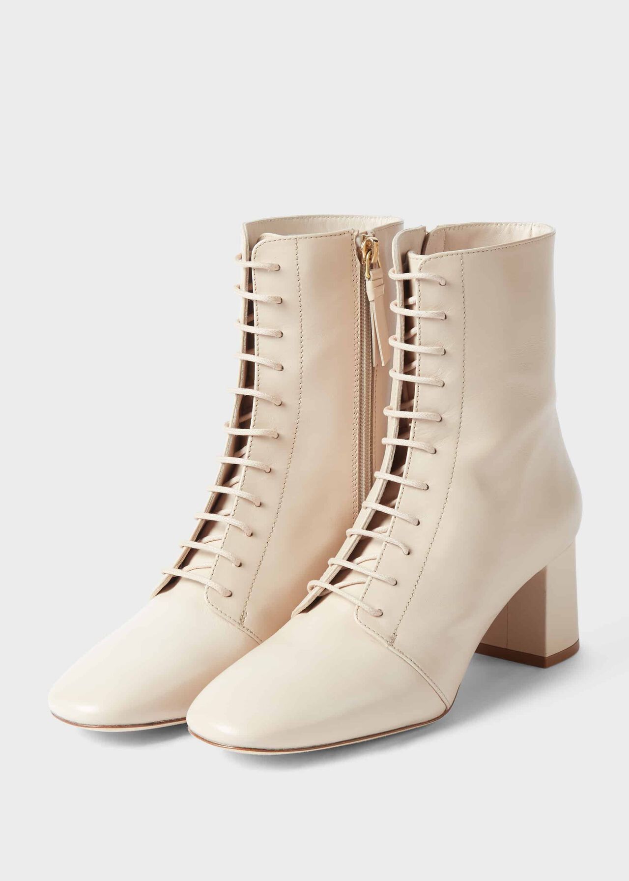 Imogen Leather Block Heel Lace Up Ankle Boots, Birch, HOBBS