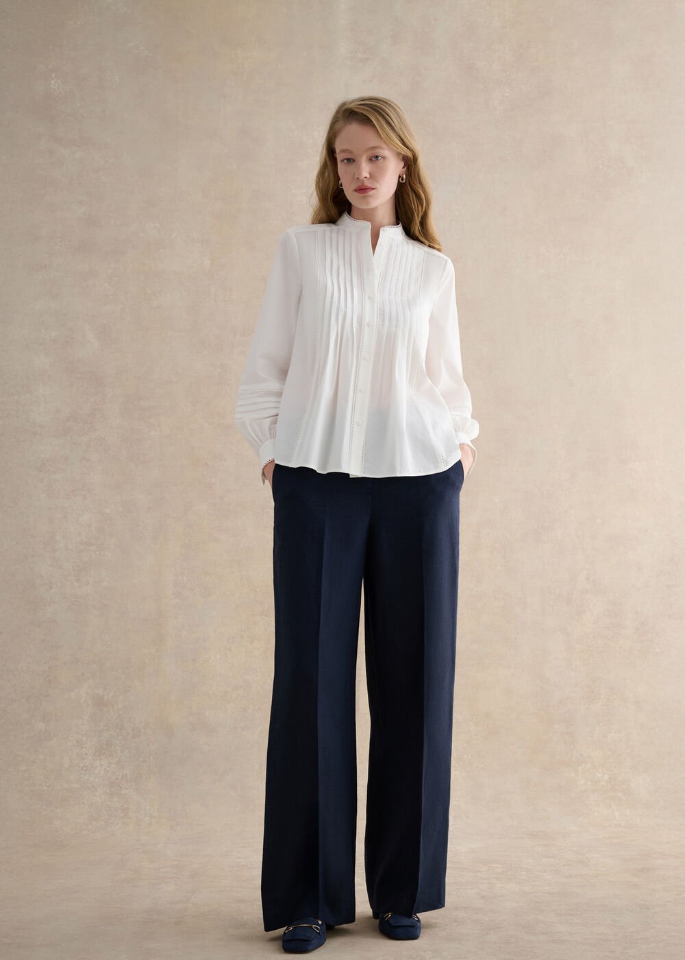 Petite Alessia Linen Wide Trousers, Navy, hi-res