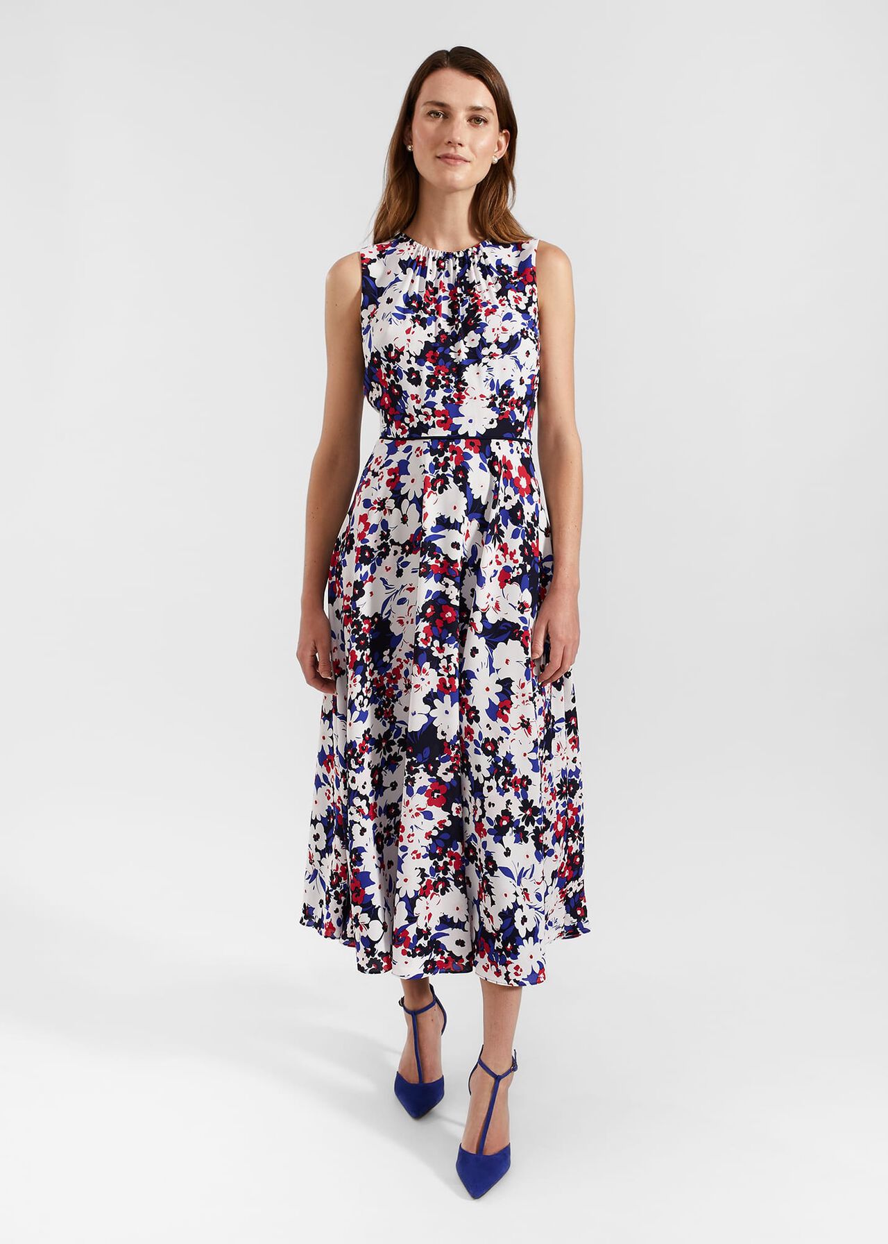 Carly Gathered Neck Floral Dress, Navy Pink Multi, hi-res