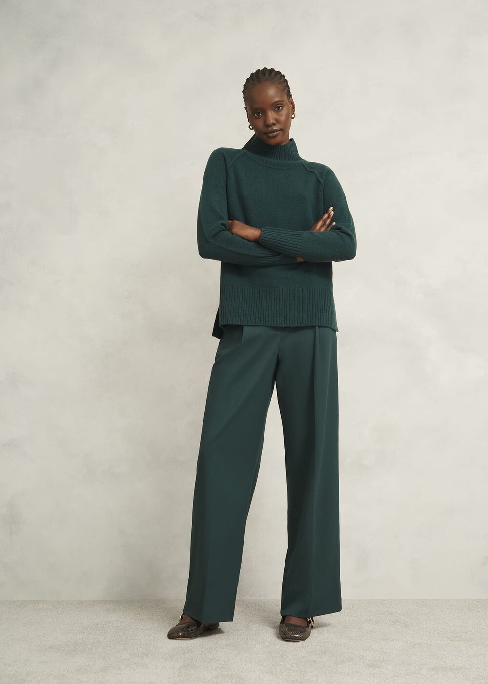 Dark Green Lorraine Wool Blend Turtle Neck Knitted Sweater, Ponderosa Green, hi-res