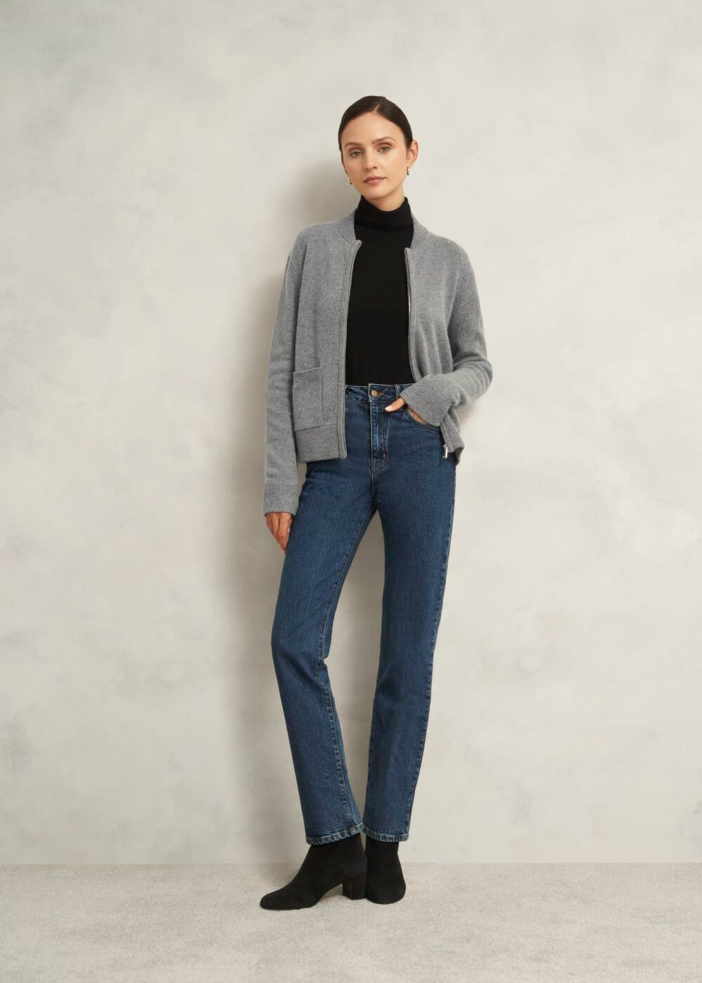 Grey Bonnie Wool Blend Knitted Bomber Jacket, Mid Grey Marl, hi-res