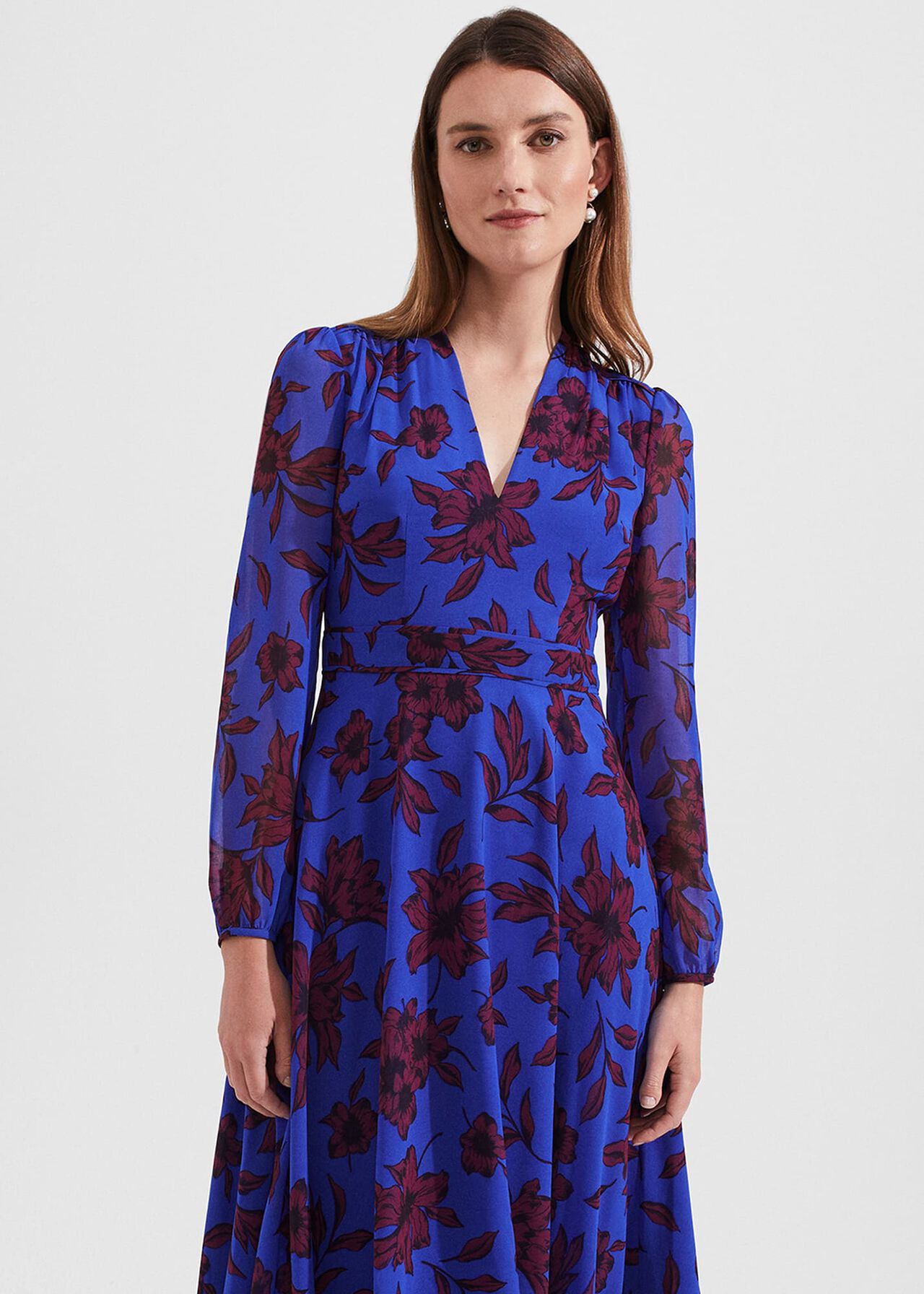 Petite Aurora Fit and Flare Printed Dress, Blue Burgundy, hi-res