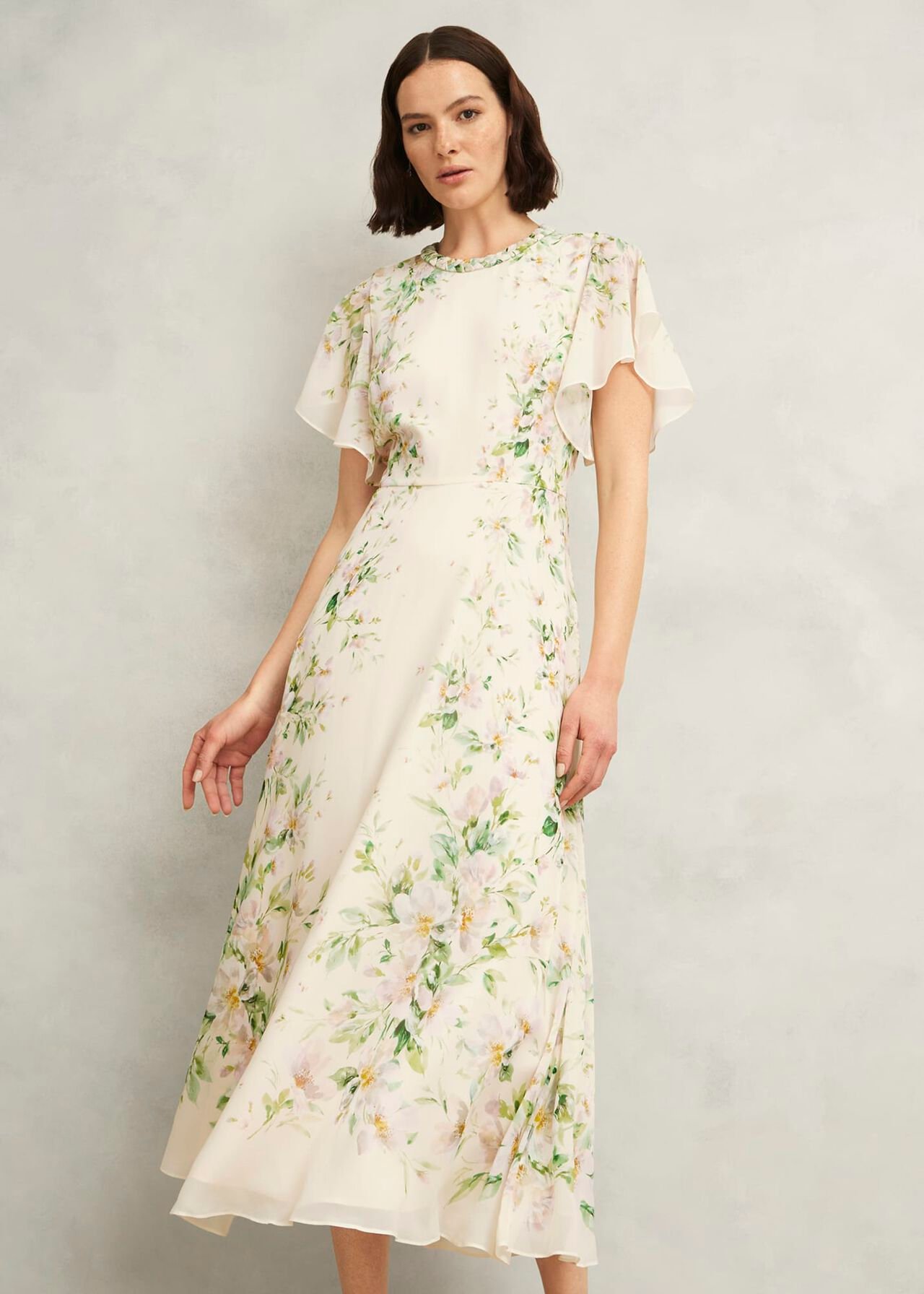 Kim Plait Neck Floral Silk Dress , Cream Multi, hi-res
