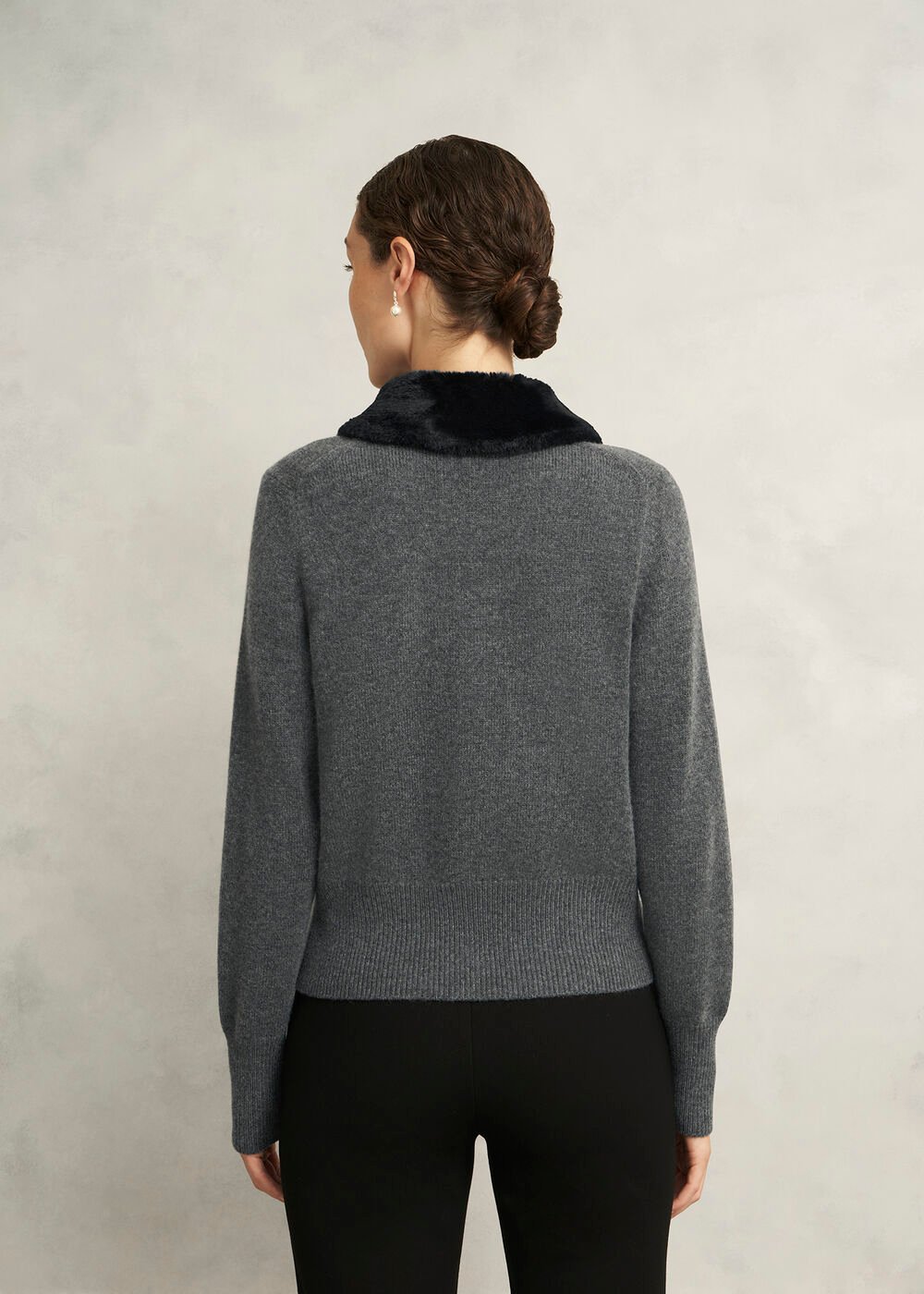 Lulah Wool Blend Fur Collar Knitted Cardigan, Charcoal Grey, hi-res