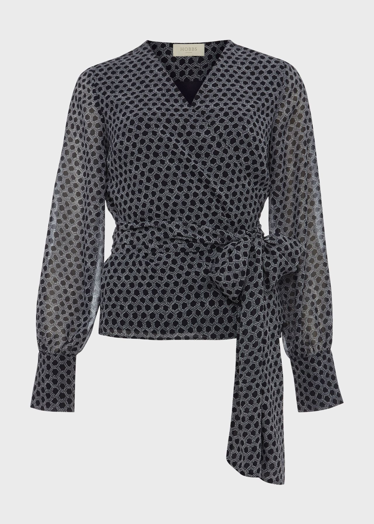 Elizabeth Printed Wrap Blouse, Navy Ivory, hi-res