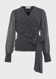 Elizabeth Printed Wrap Blouse, Navy Ivory, hi-res