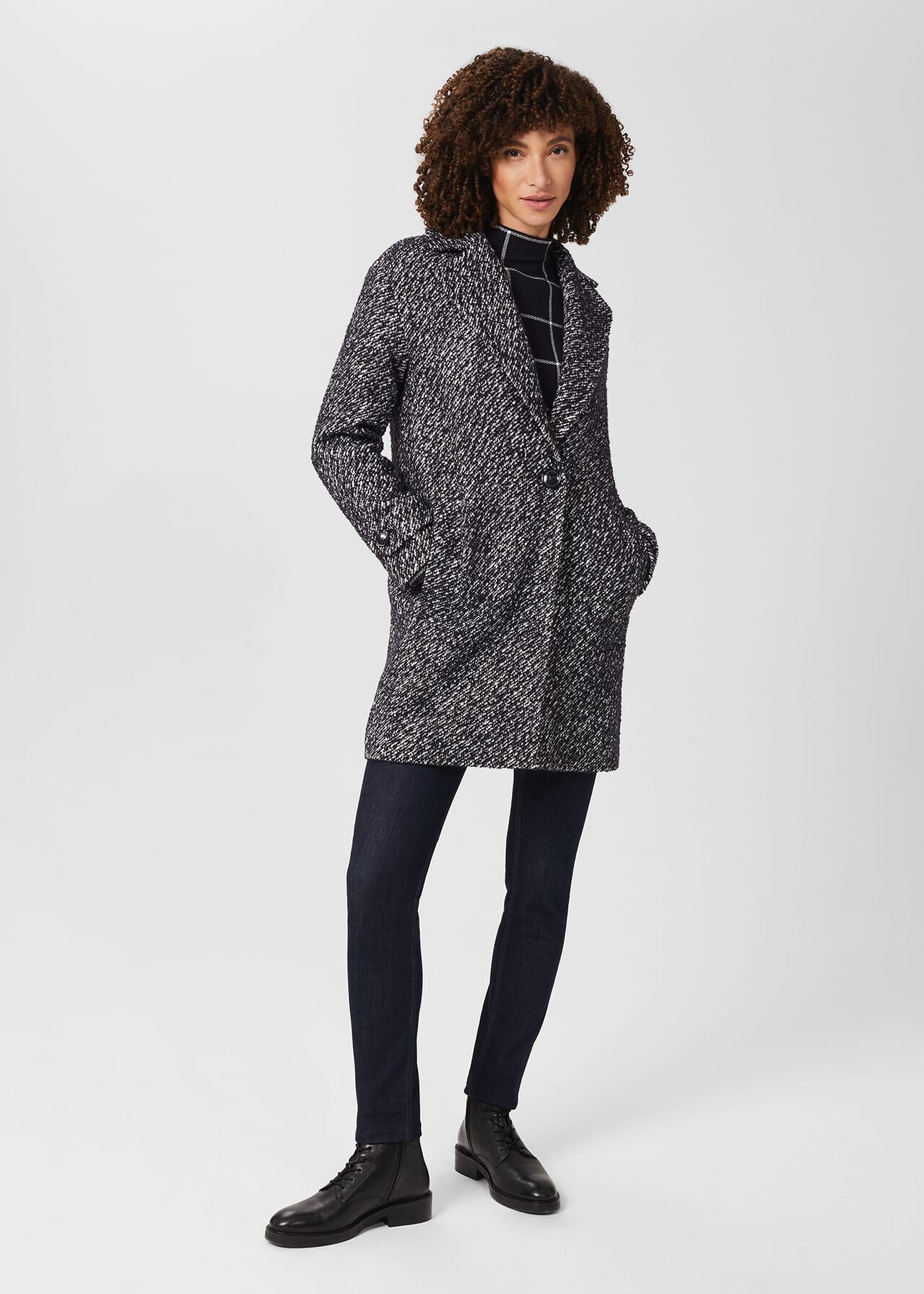 Carmina Herringbone Coat With Wool, Deep Blue Ivory, hi-res