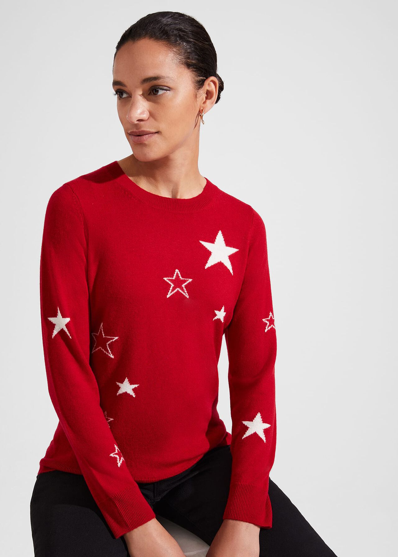 Samira Wool Cashmere Star Sweater, Red Ivory, hi-res