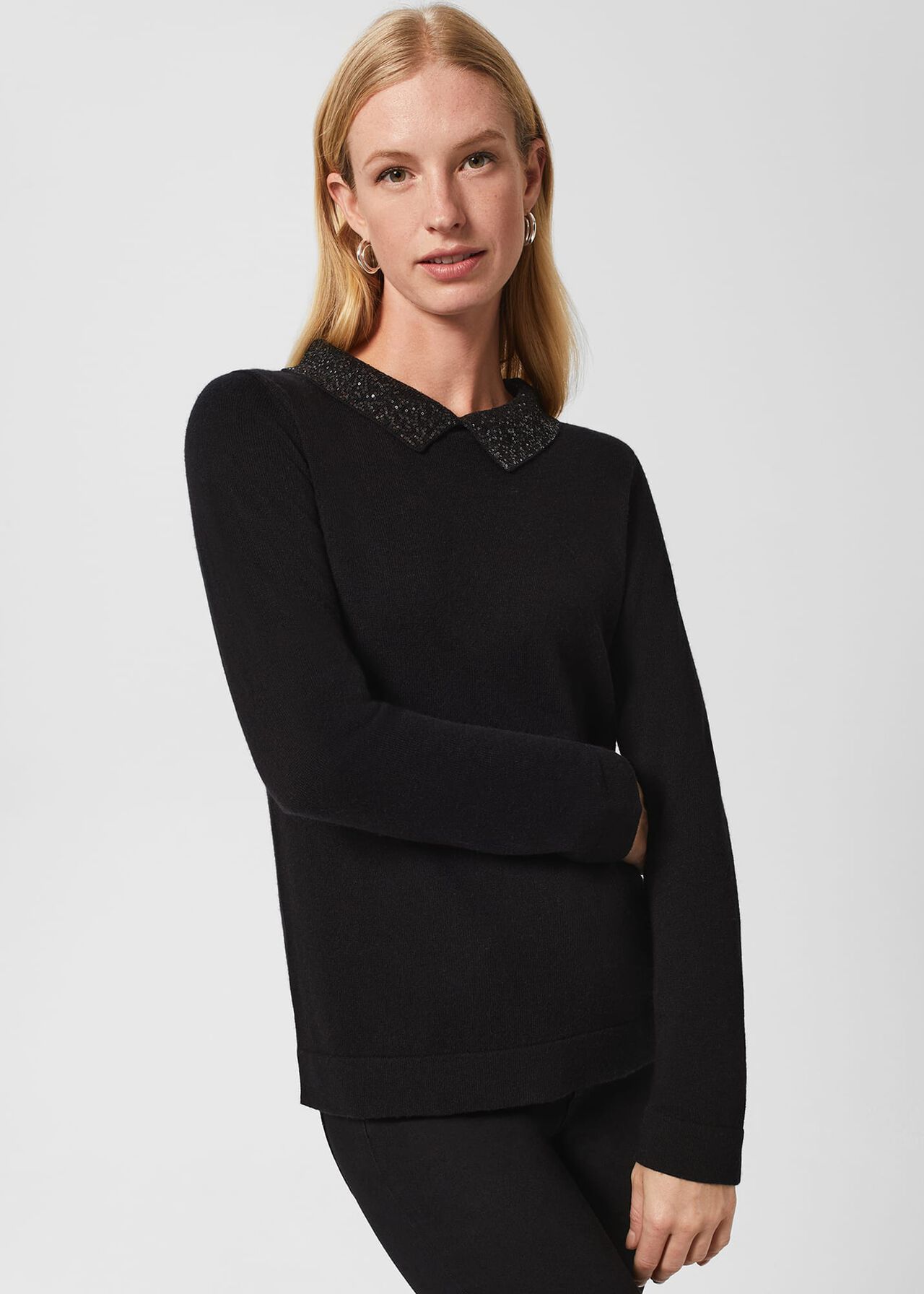 Priya Sequin Wool Cashmere Sweater, Black, hi-res