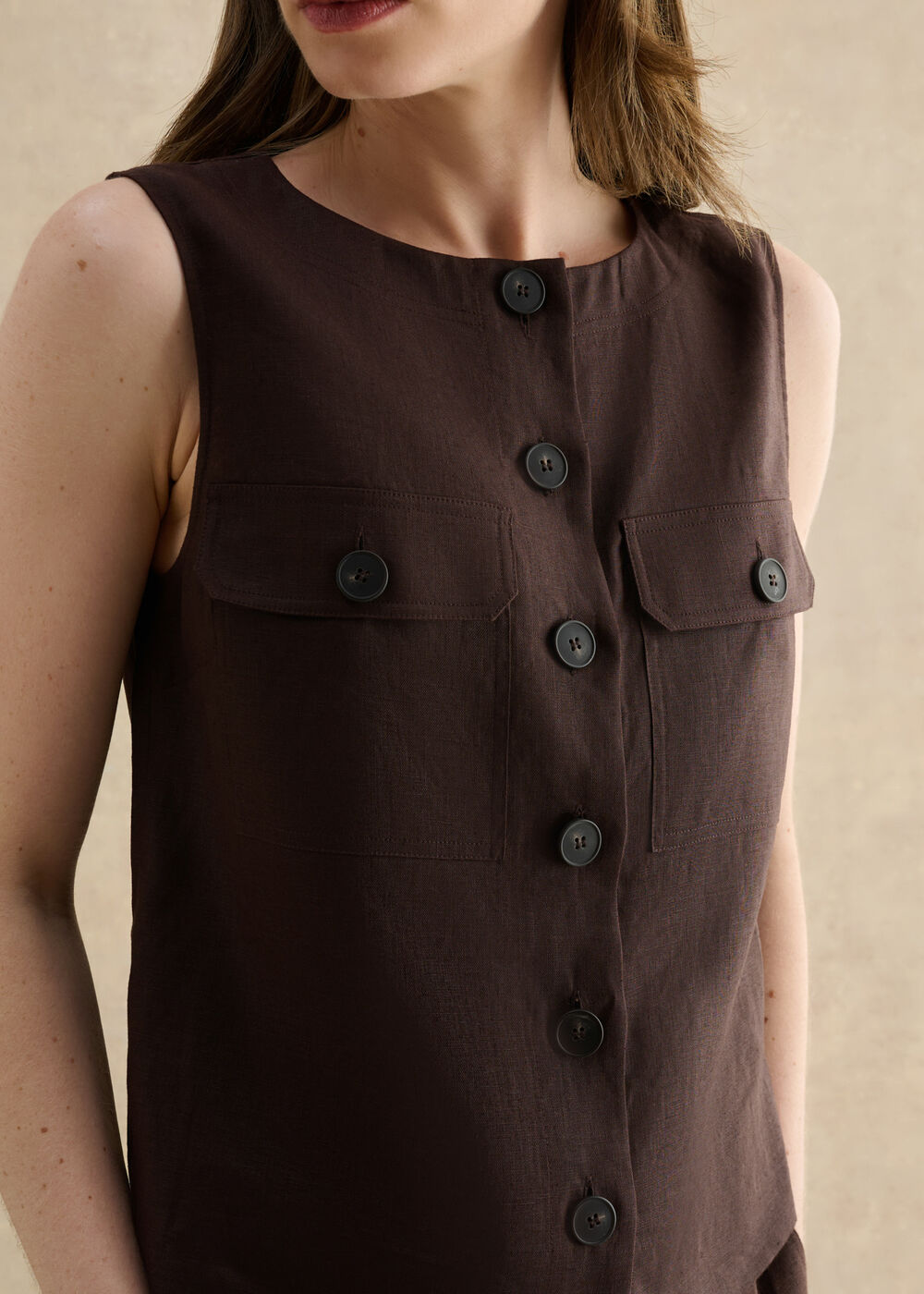 Lulu Linen Top, Bark Brown, hi-res