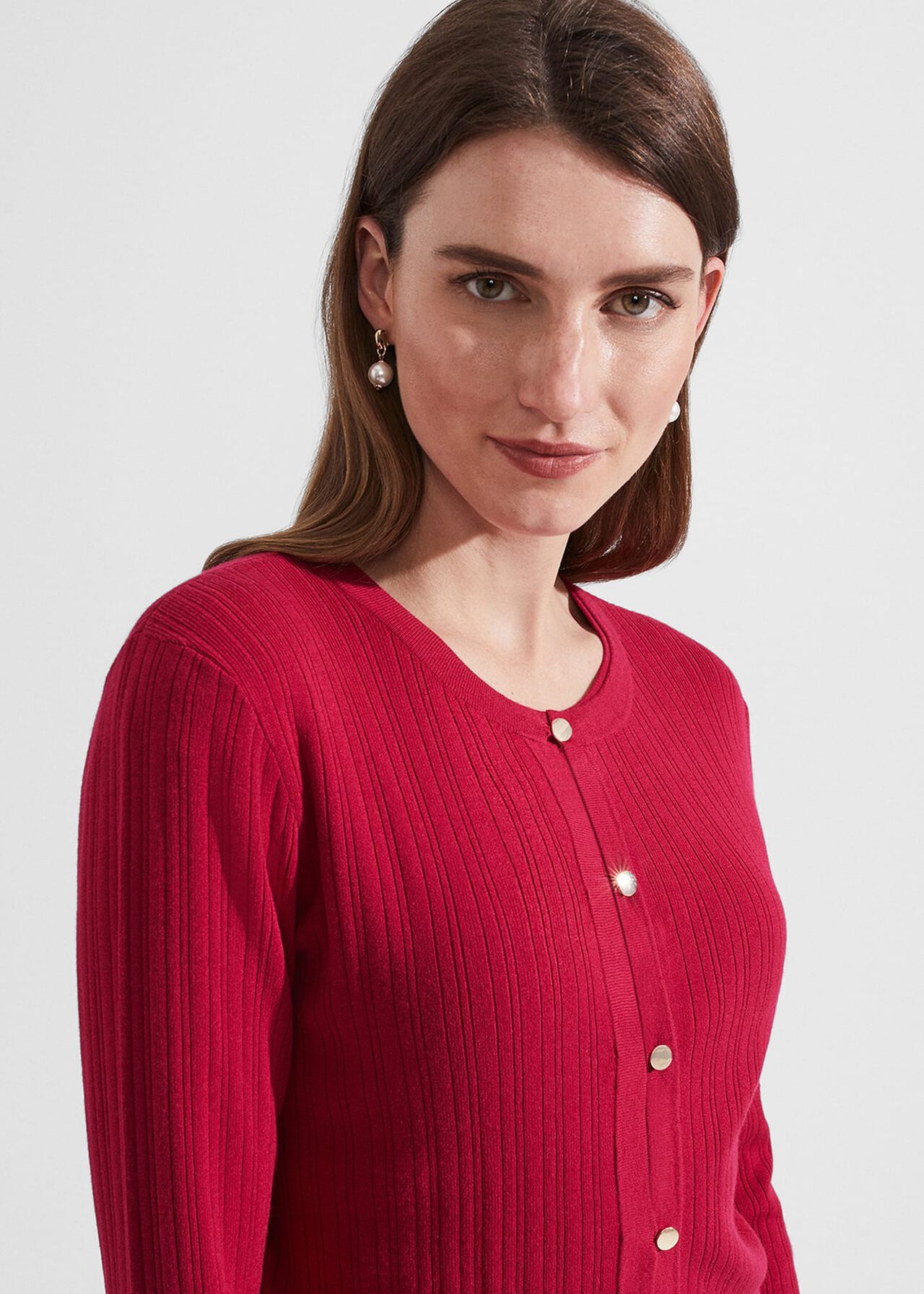 Reena Ribbed Knitted Cardigan, Berry Red, hi-res