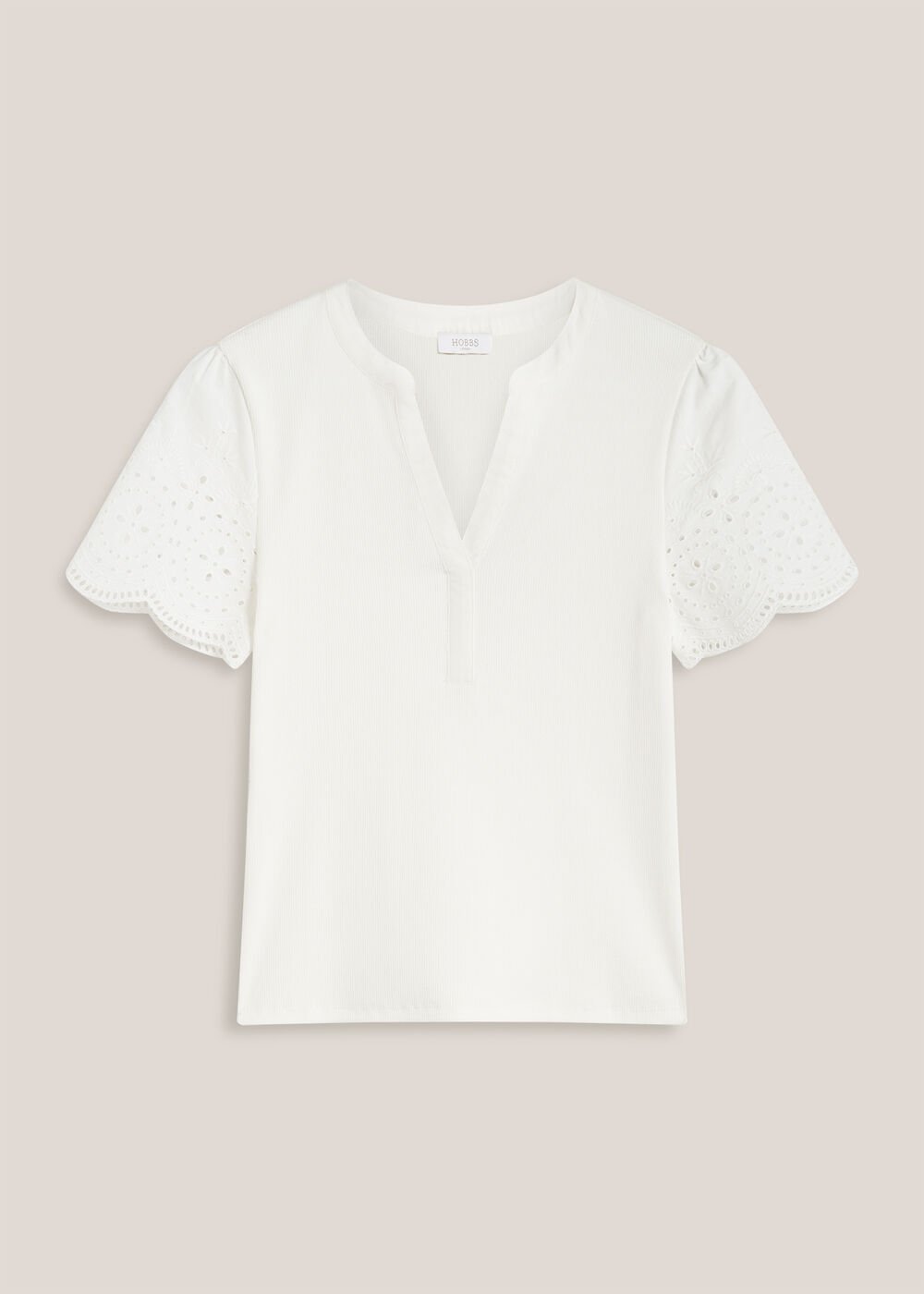 Daphne Cotton Broderie Ribbed Top, White, hi-res