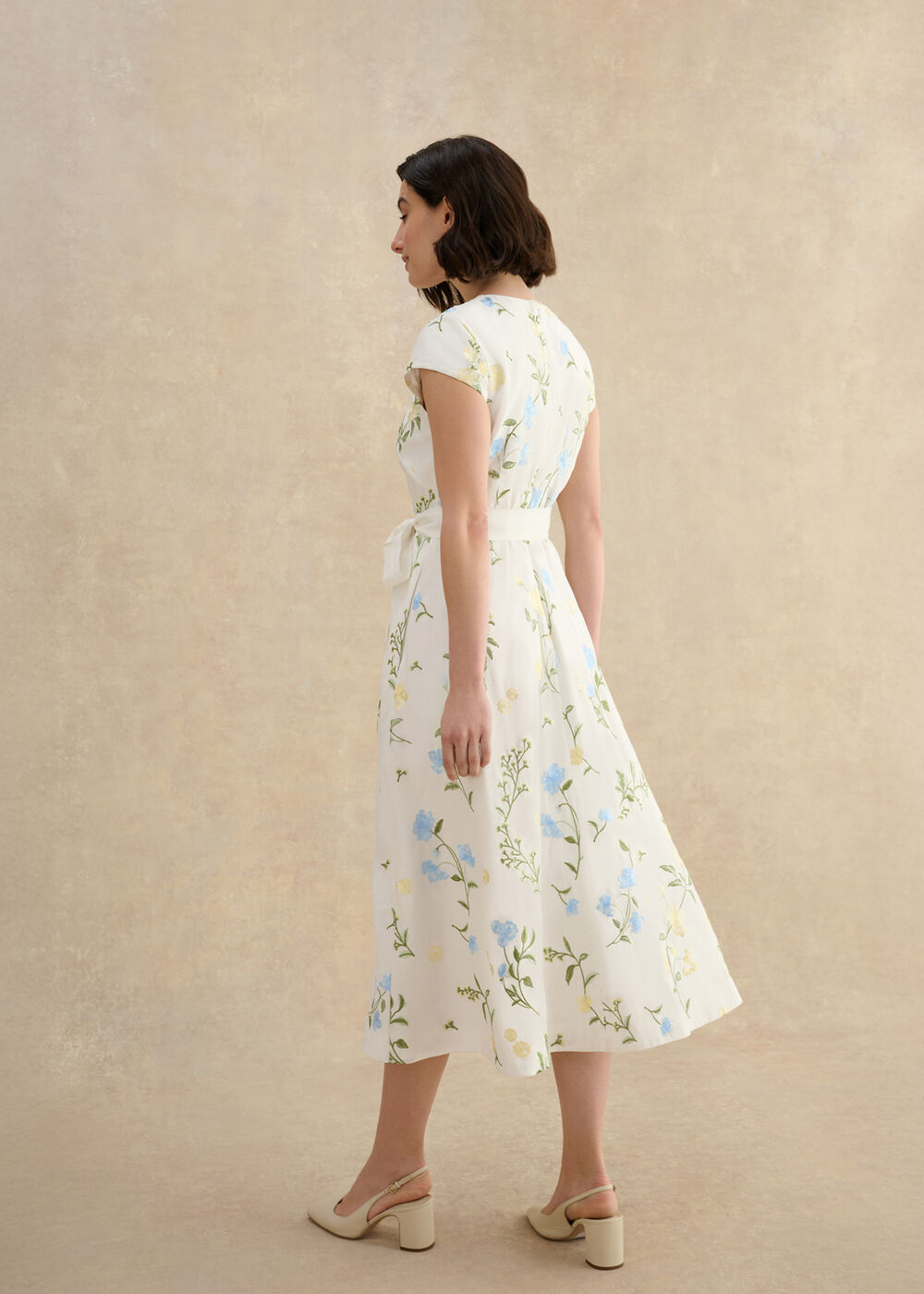 linen wrap dress white Classic White Linen Wrap Dress with V-Neck and Tie Waist main image 1