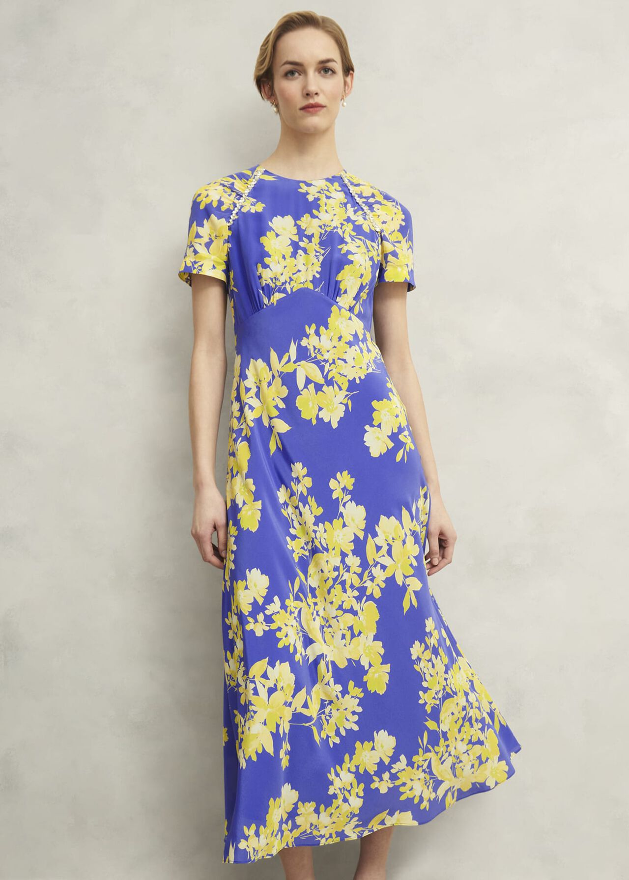 Petite Ann Embellished Silk Dress, Blue Yellow, hi-res