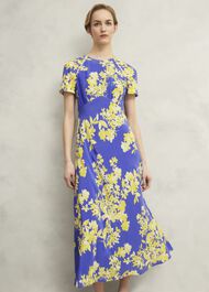 Petite Ann Embellished Silk Dress, Blue Yellow, hi-res