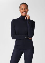 Lara Merino Wool Roll Neck Jumper, Navy, hi-res