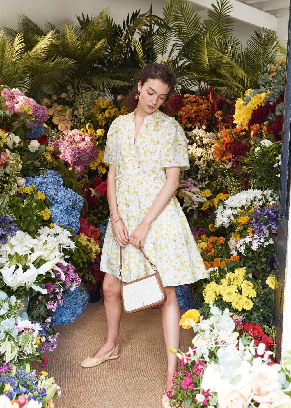 flower print design dress Pink Floral-Print Midi Casual Dress with Pockets Blush Ribbon Floral Print / Medium