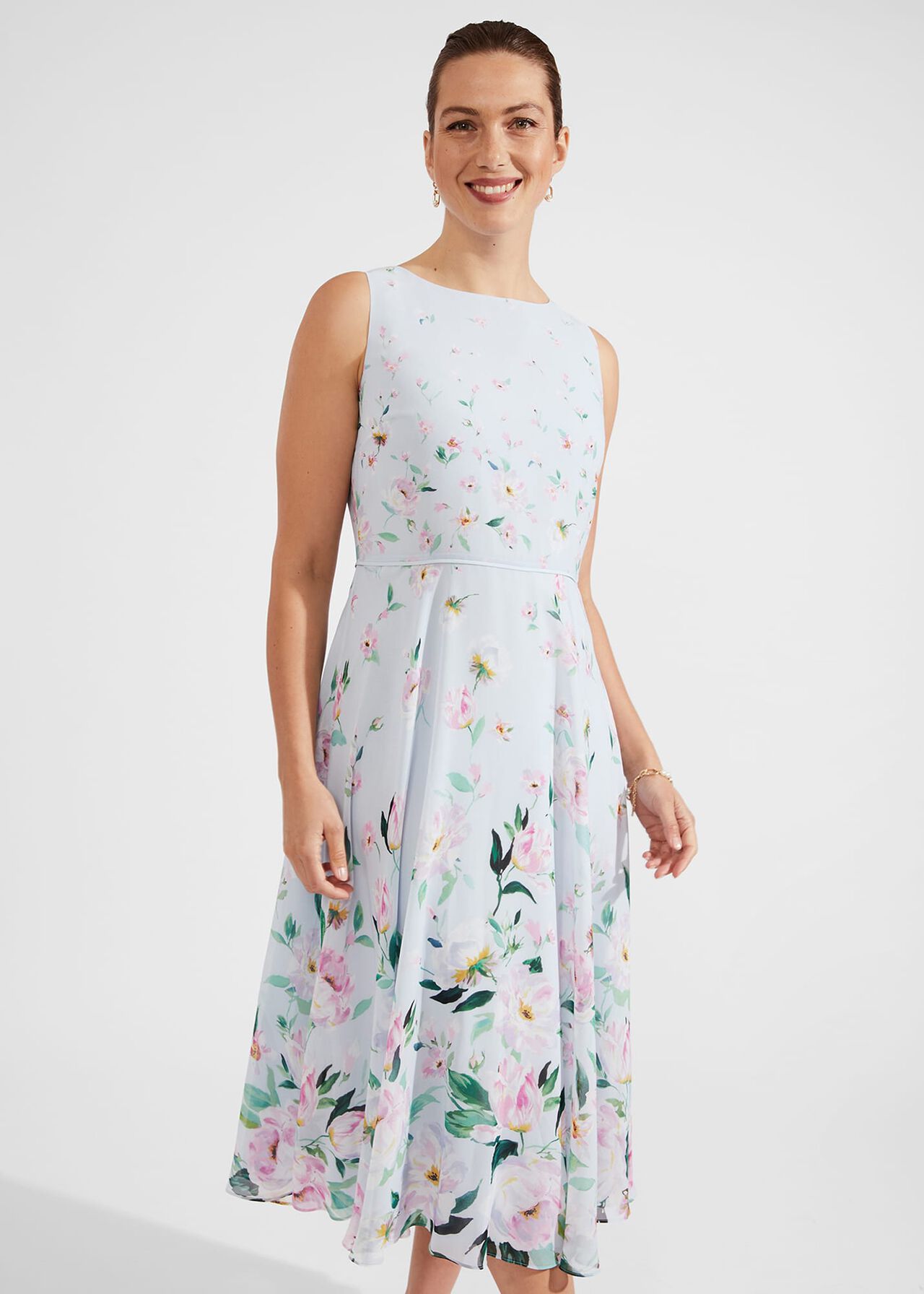 Petite Carly Floral Midi Dress, Pale Blue Multi, hi-res
