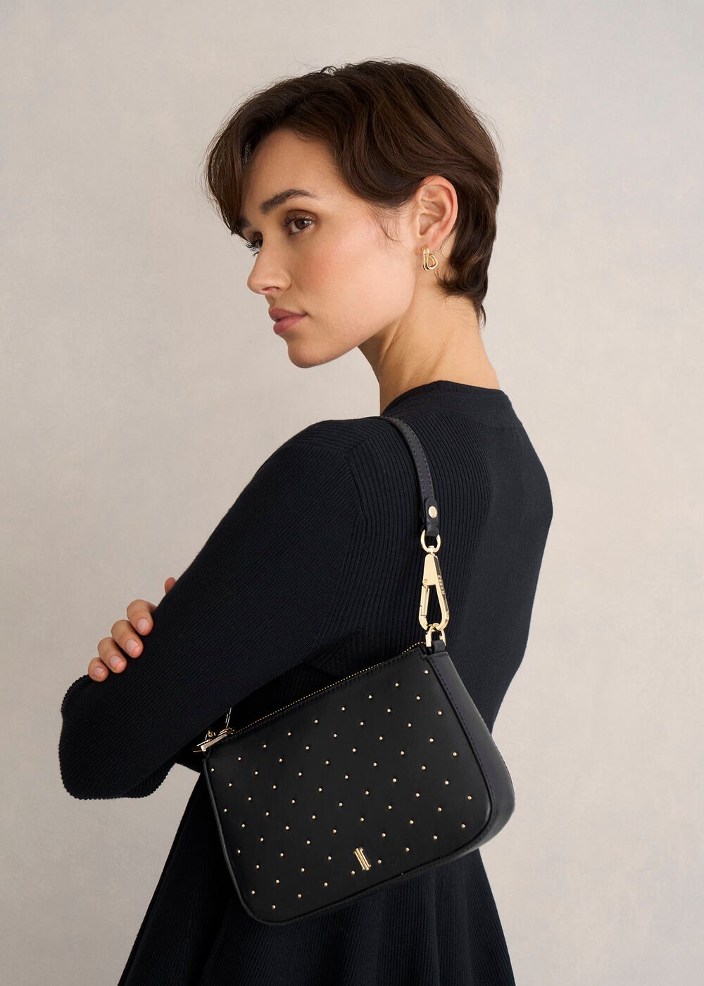 Briella Leather Stud Bag, Black, hi-res