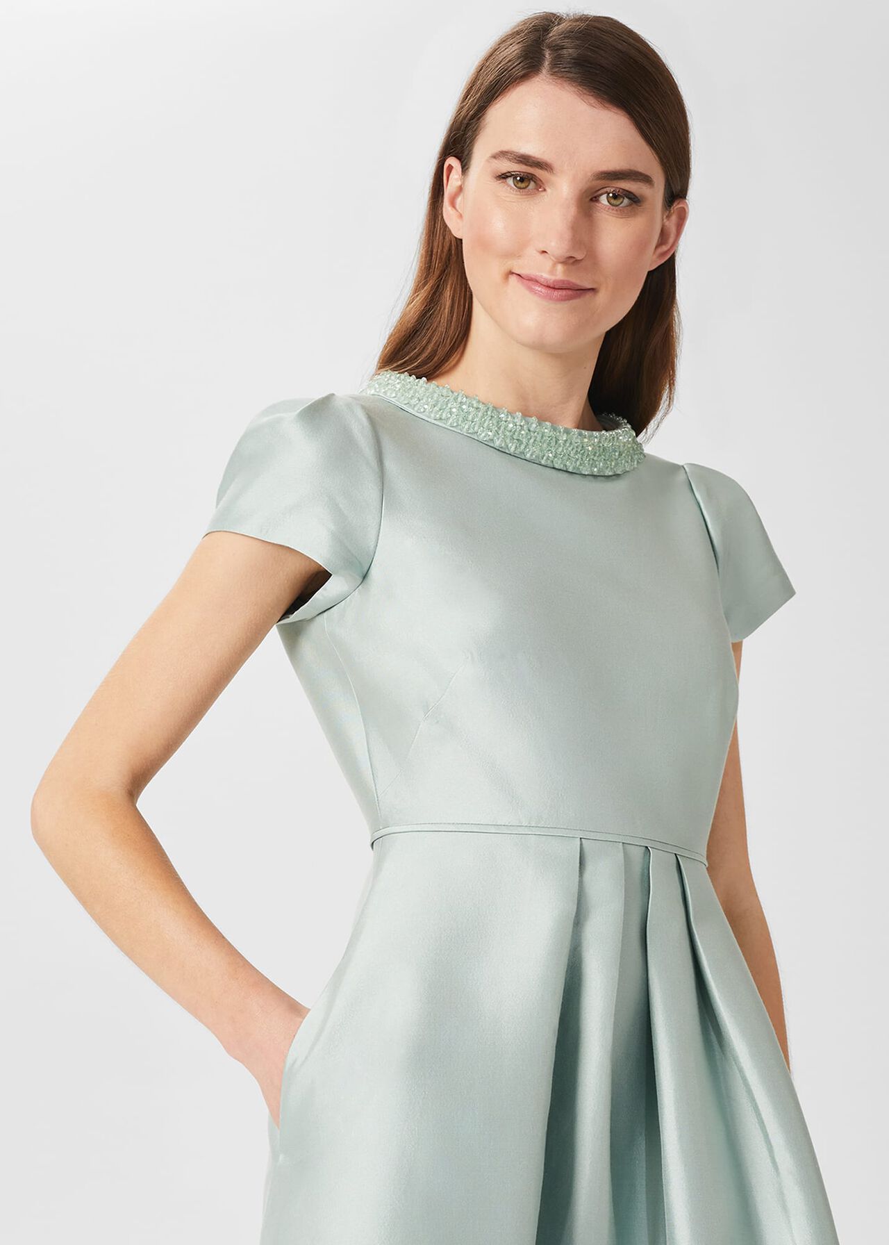 Jocelyn Silk Blend Fit And Flare Dress, Sage Green, hi-res