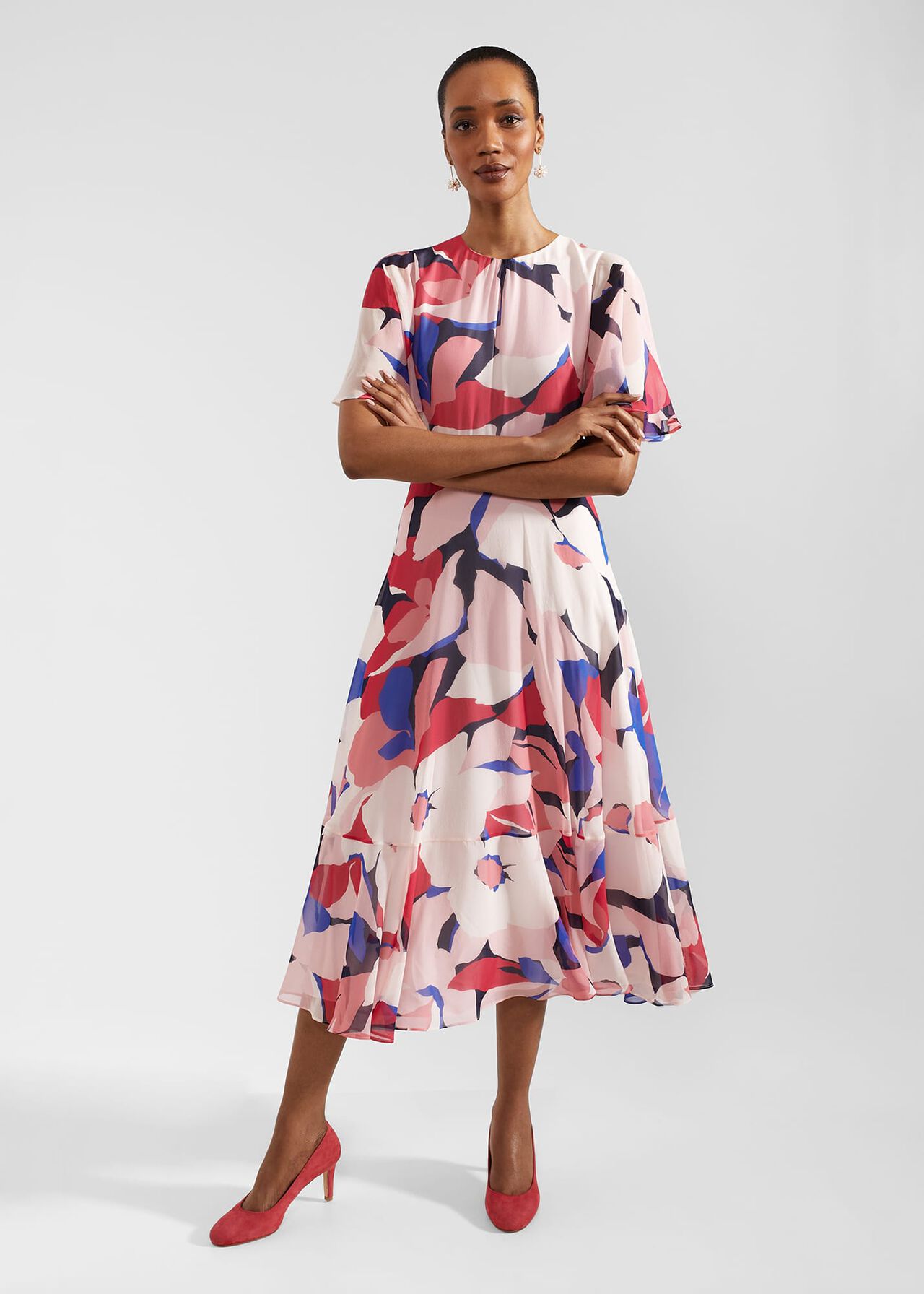 Freya Silk Midi Dress, Navy Pink Multi, hi-res