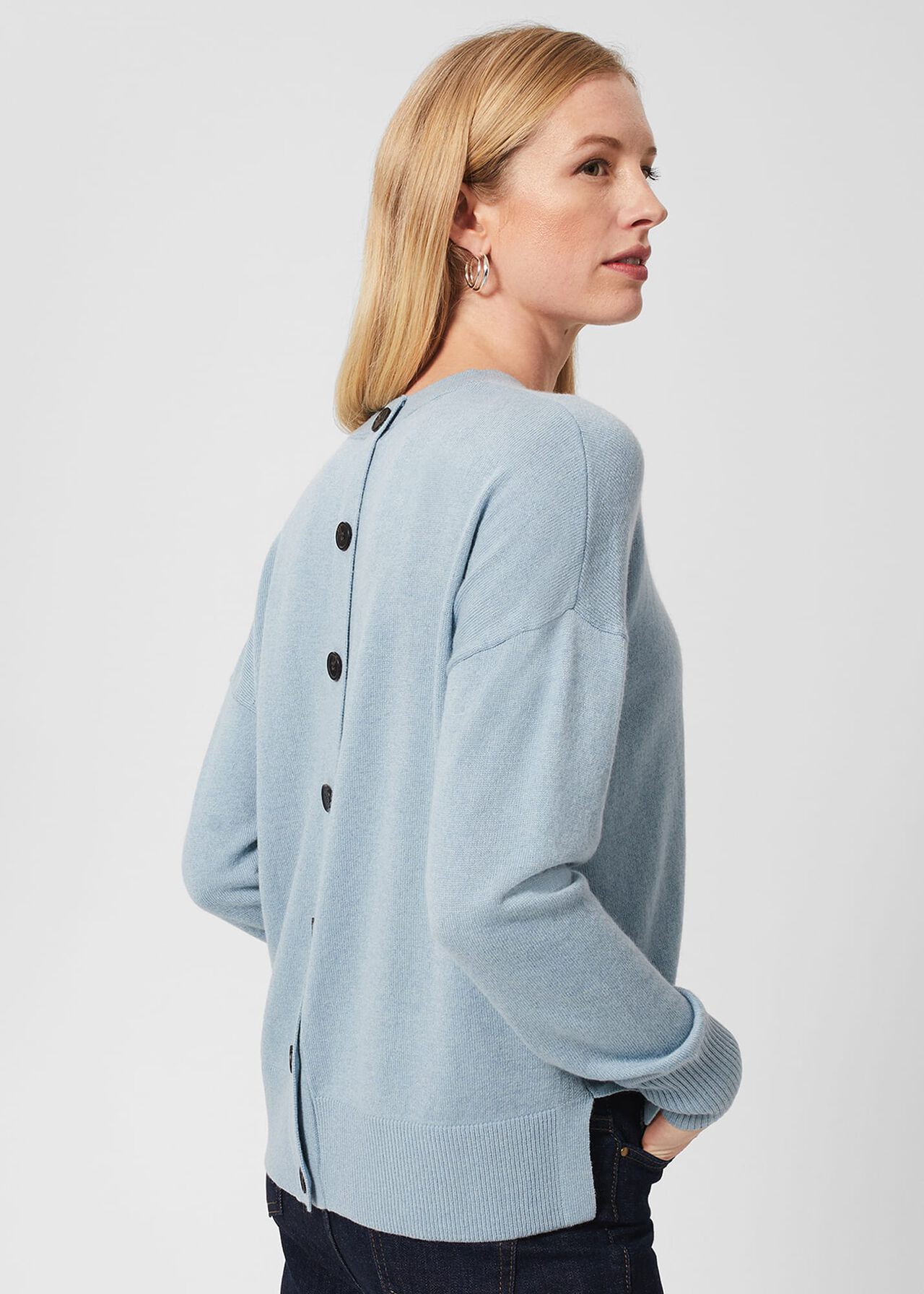 Lydia Button Sweater With Cashmere, Dusky Blue, hi-res
