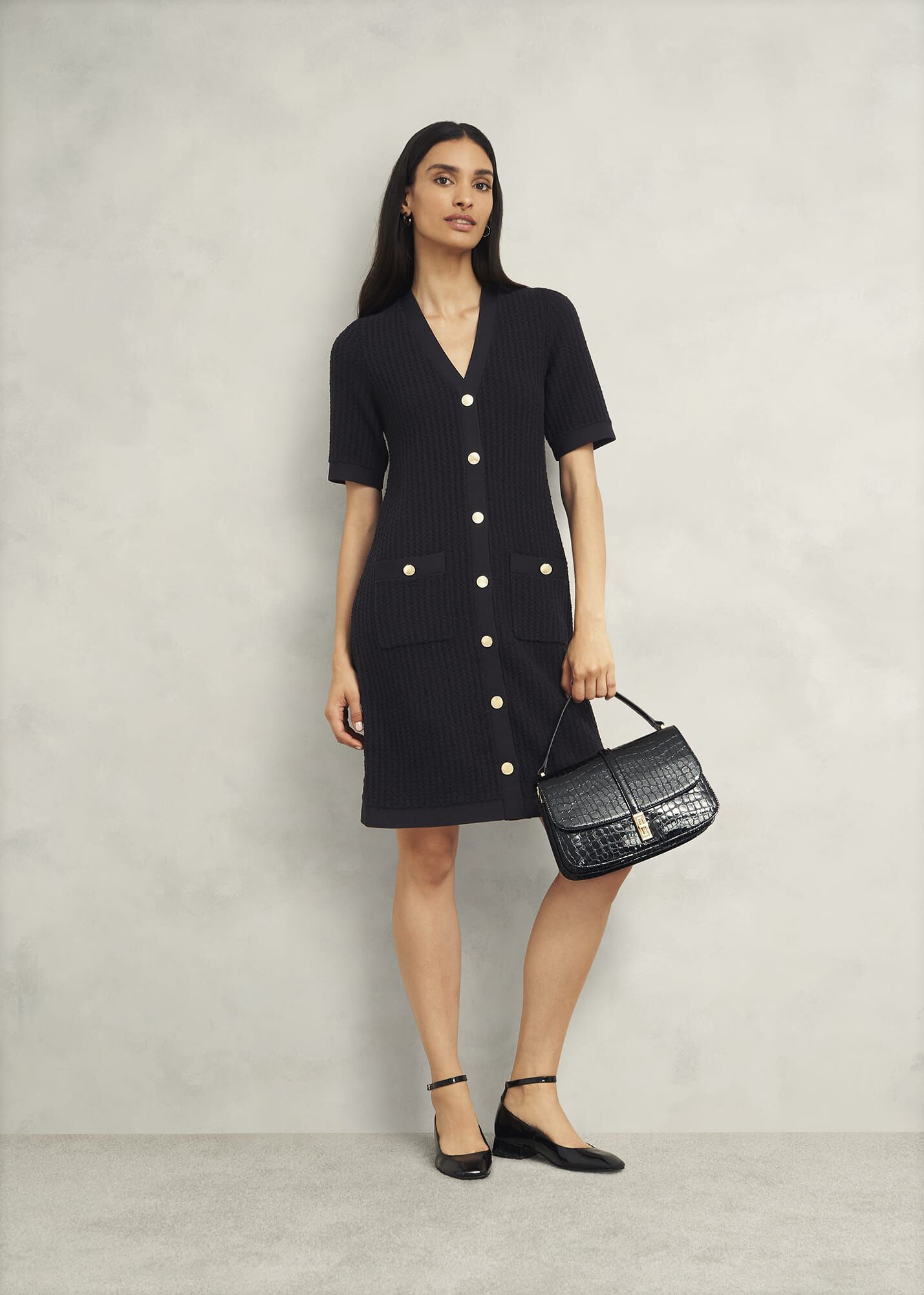 Ameri（アメリ）の「BIG CHECK LACE UP KNIT DRESS（ワンピース