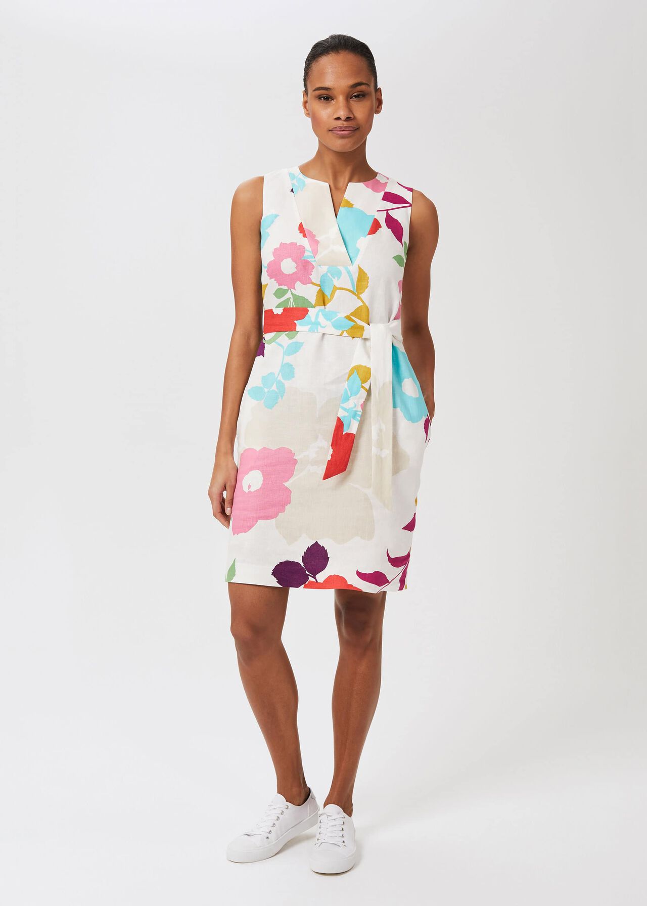 Daria Linen Floral Shift Dress, White Multi, hi-res