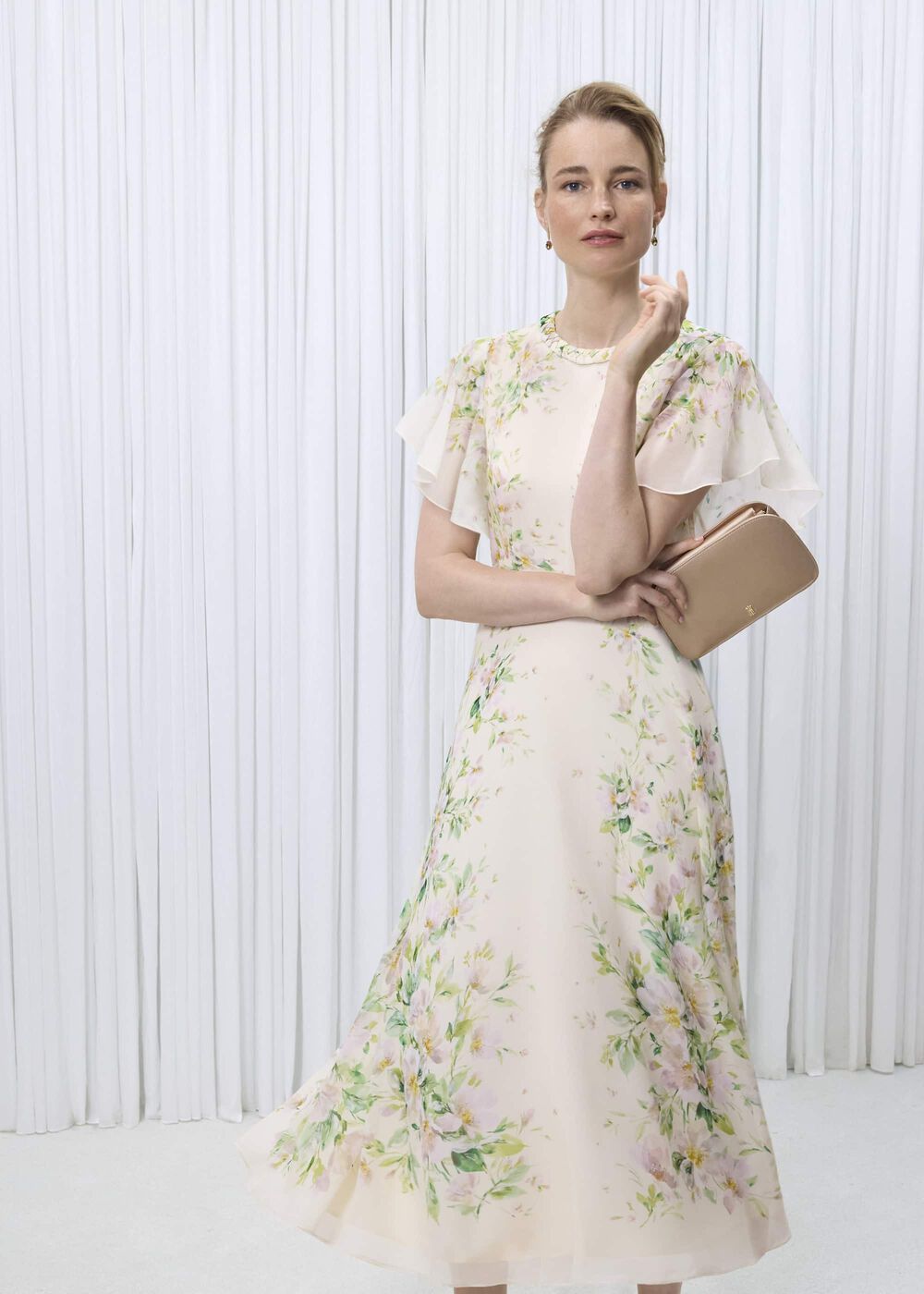 Kim Plait Neck Floral Silk Dress , Cream Multi, hi-res