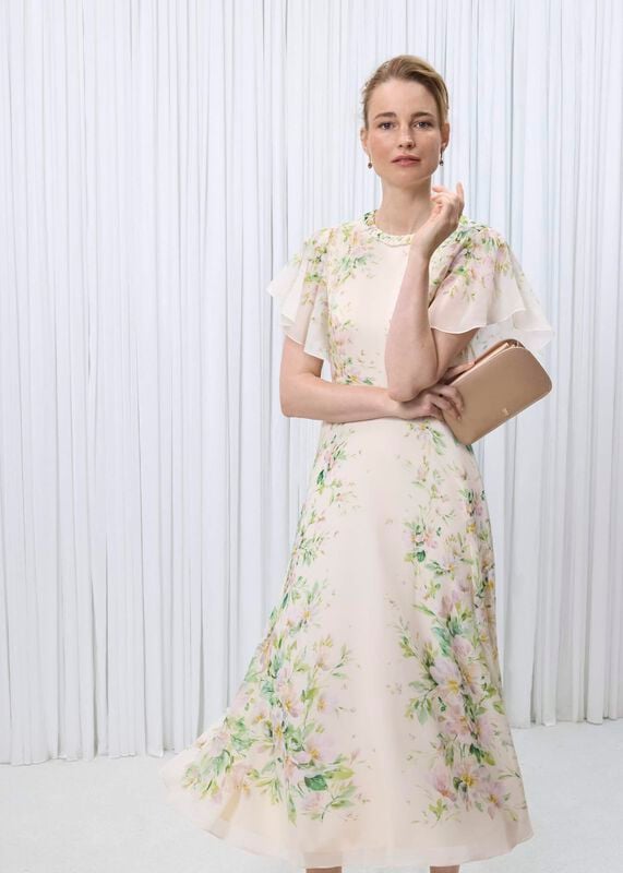 Kim Plait Neck Floral Silk Dress 