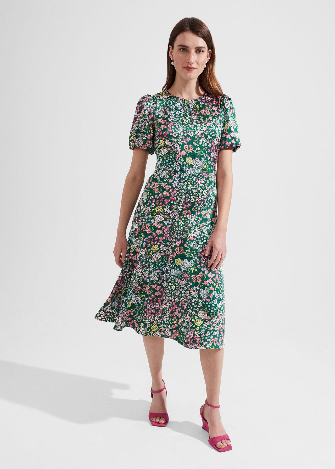 Christina Floral Fit And Flare Dress, Green Multi, hi-res