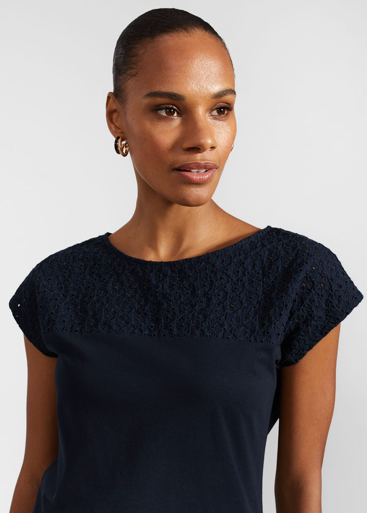 Thea Cotton Broderie Top, Navy, hi-res