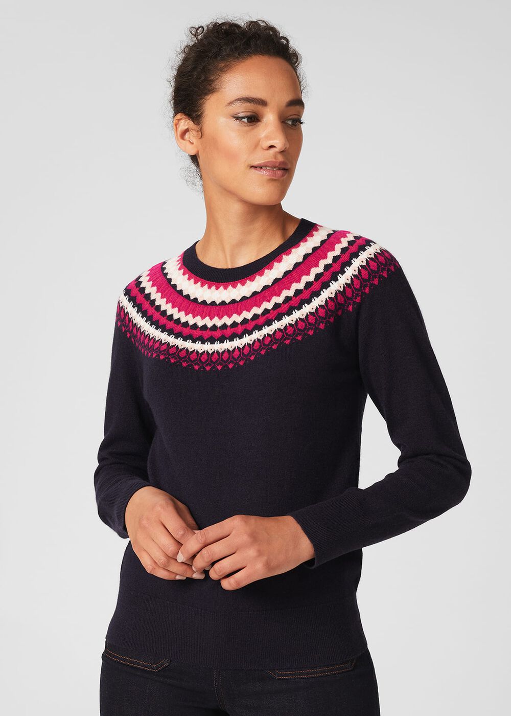 Greta Fairisle Jumper with Cashmere, Navy Pink, hi-res
