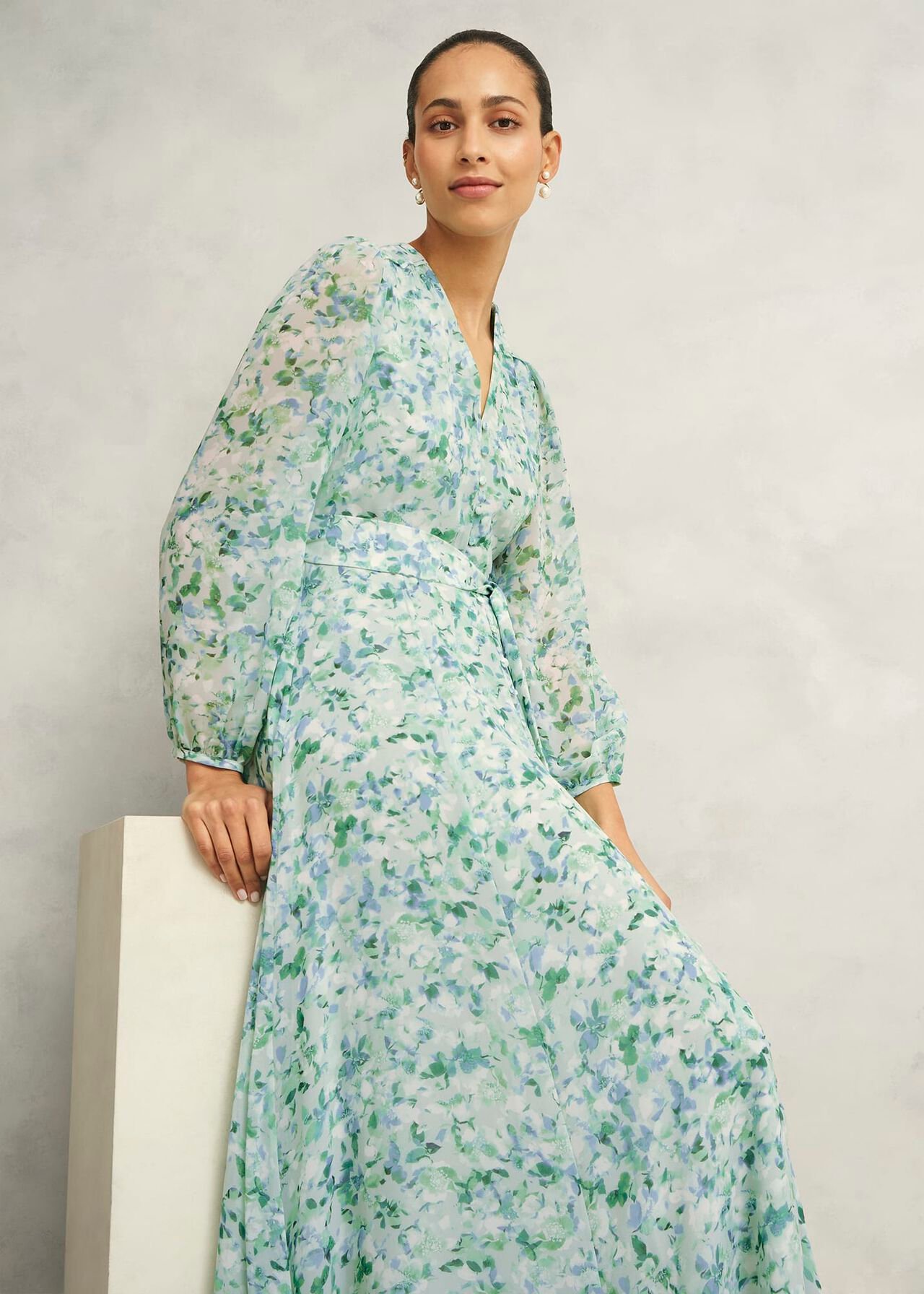 Petite Thea Tie Belted Dress, Sage Green, hi-res