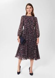 Selena Pleated Dress, Navy Multi, hi-res