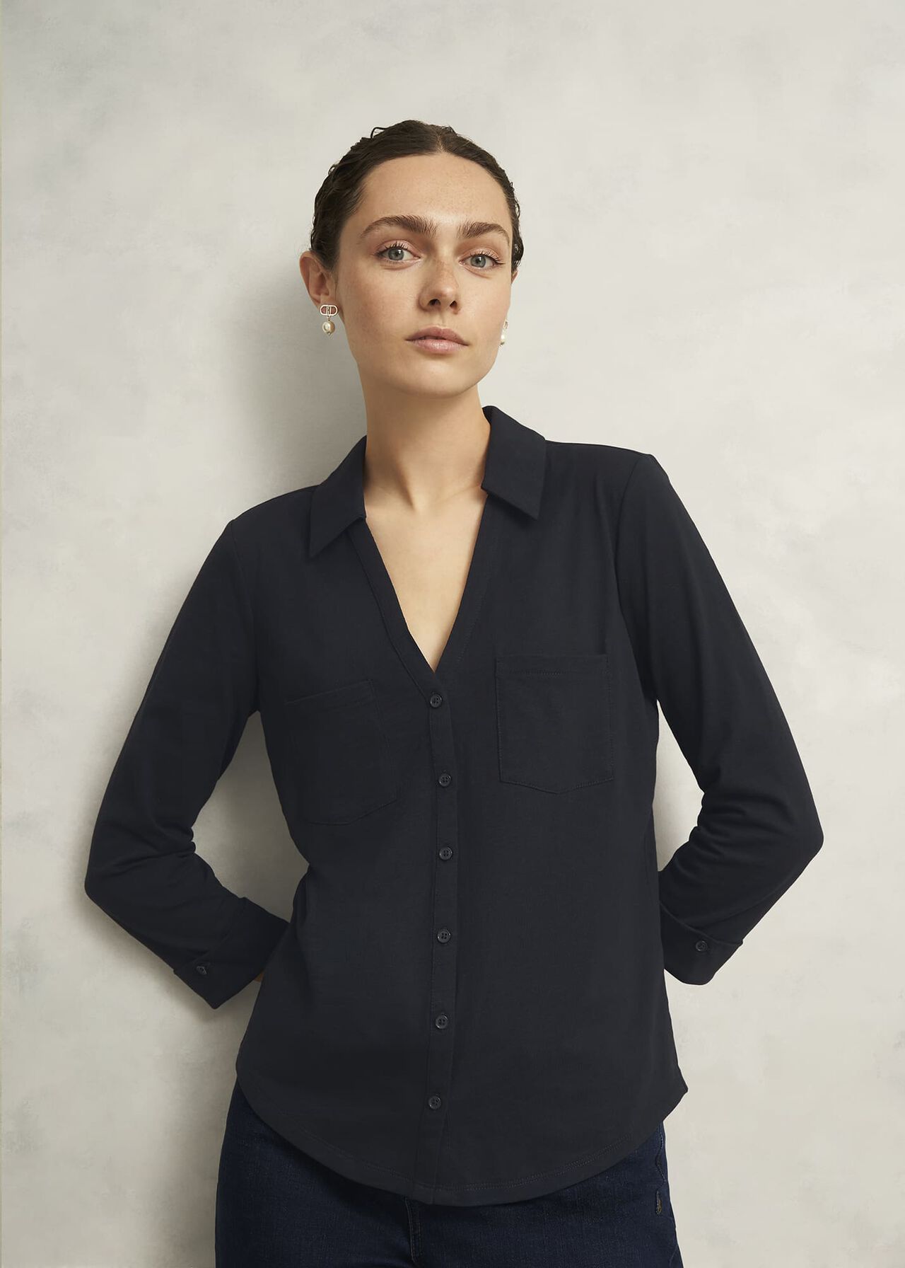 Navy Zariah Cotton Slub 3/4 Sleeve Shirt, Hobbs Navy, hi-res