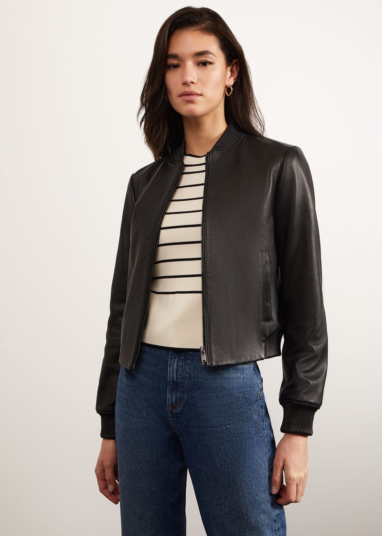 Lindley Leather Bomber Jacket, Black, hi-res