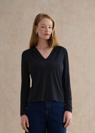 Hannah Printed Polka Dot V Neck Top, Navy Ivory, hi-res