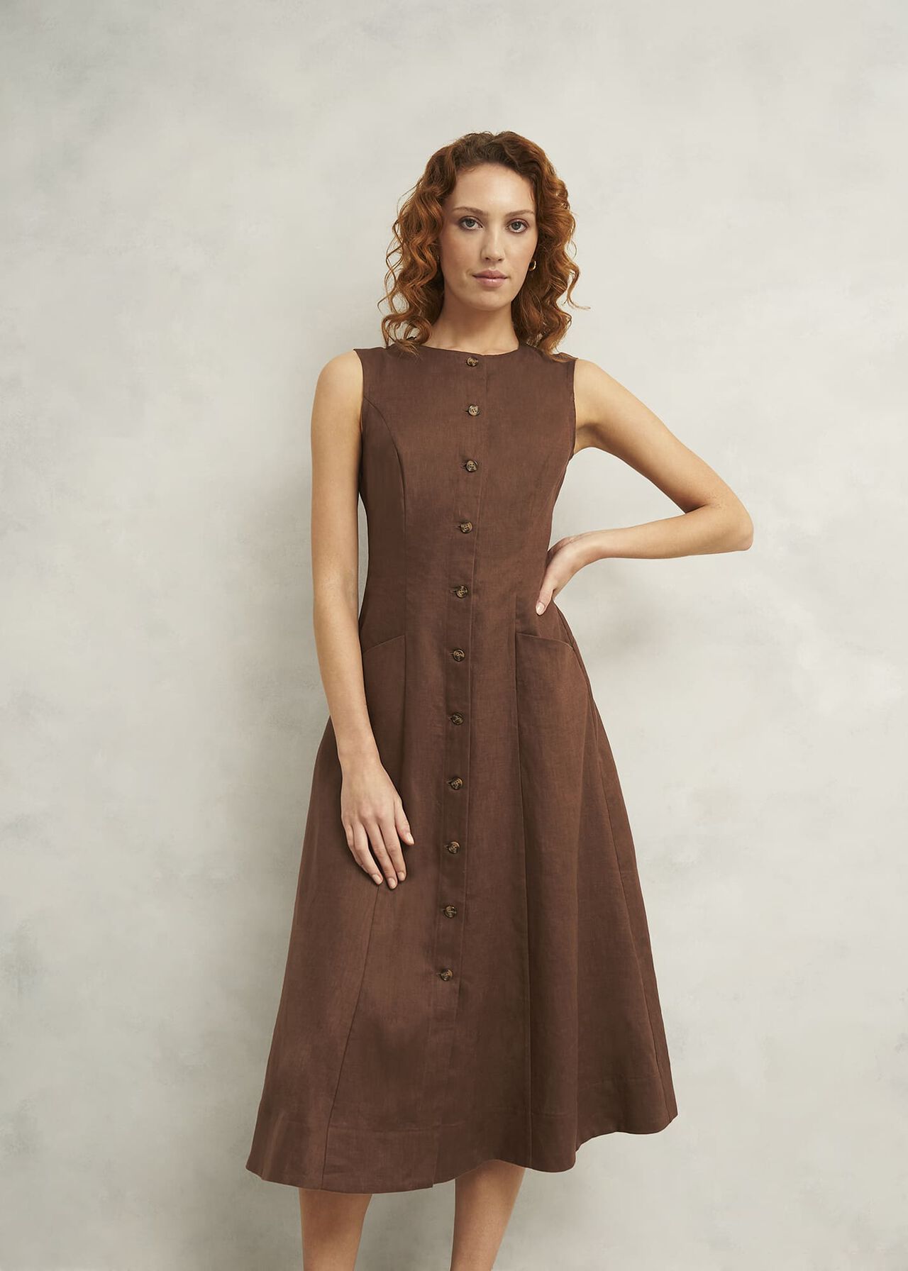 Carmen Linen Dress, Chestnut Brown, hi-res
