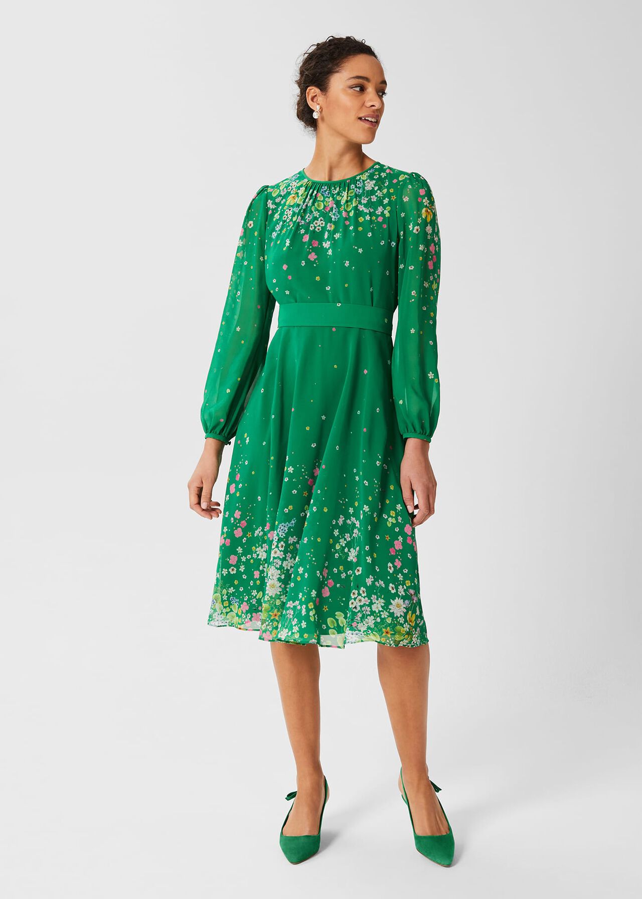 Maria Floral Fit And Flare Dress, Green Multi, hi-res