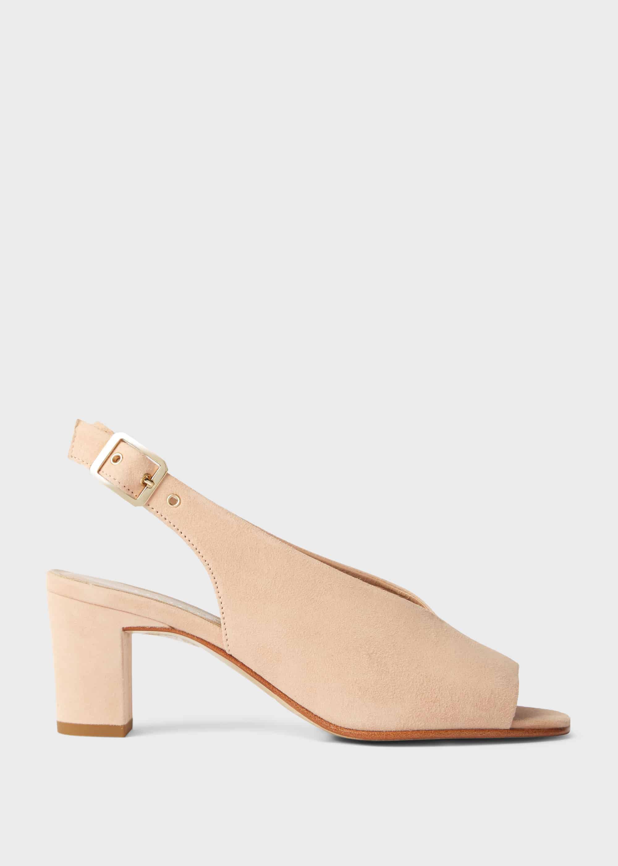 beige suede block heel sandals