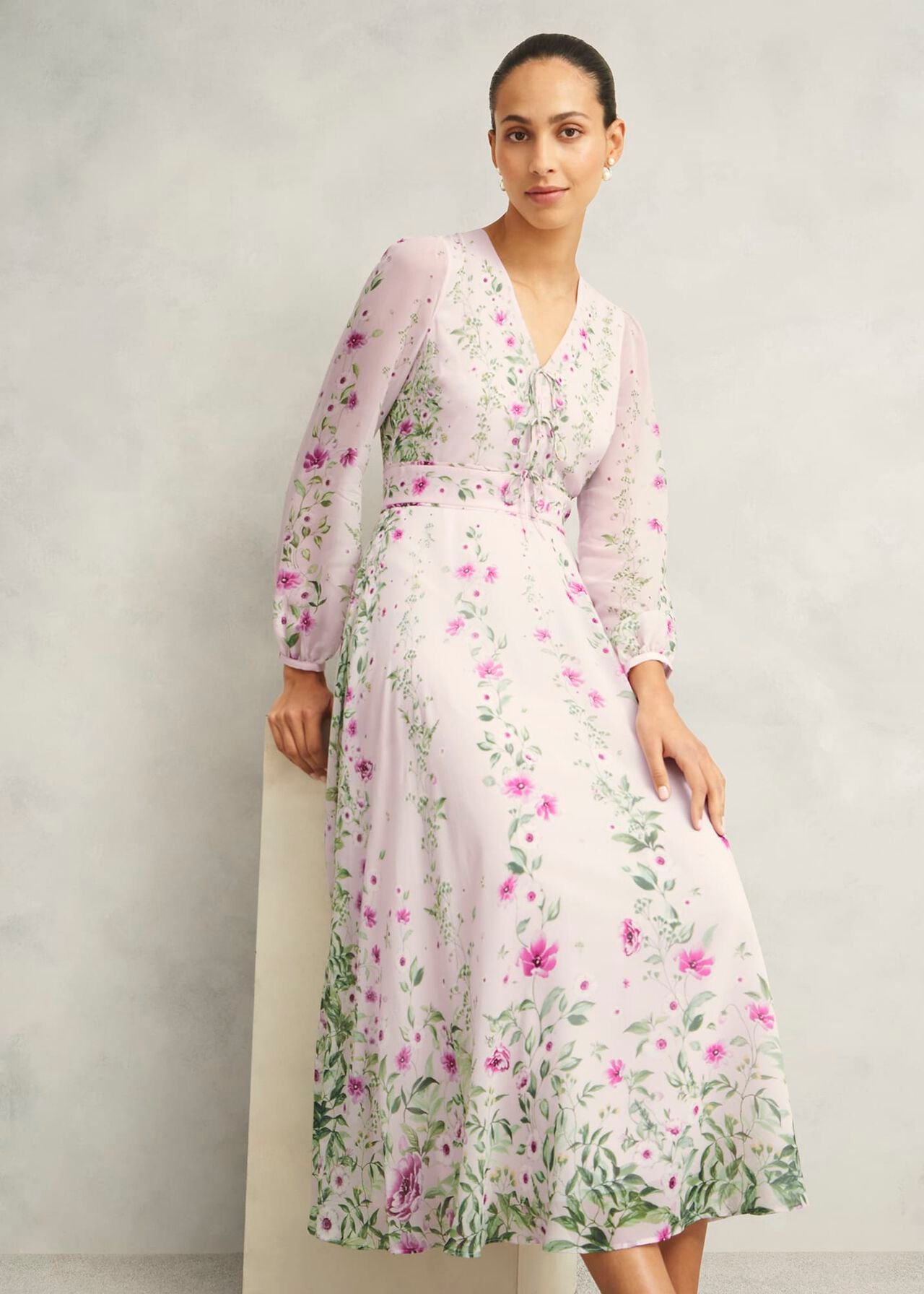 Fay Silk Bow Detail Dress, Pink Multi, hi-res