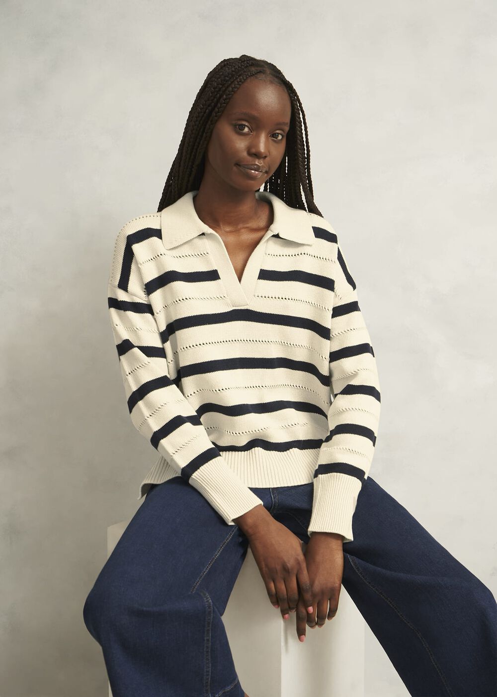 Ivory Beauford Cotton Stripe Polo Knitted Jumper, Cream Navy, hi-res