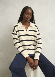 Ivory Beauford Cotton Stripe Polo Knitted Jumper, Cream Navy, hi-res