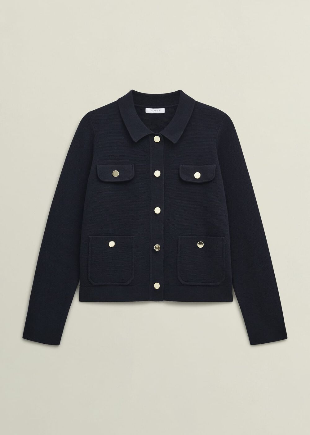 Navy Christa Cotton Pocket Detail Collared Knitted Jacket, Hobbs Navy, hi-res