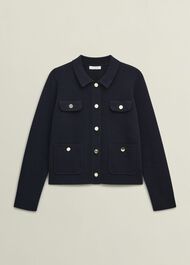 Navy Christa Cotton Pocket Detail Collared Knitted Jacket, Hobbs Navy, hi-res