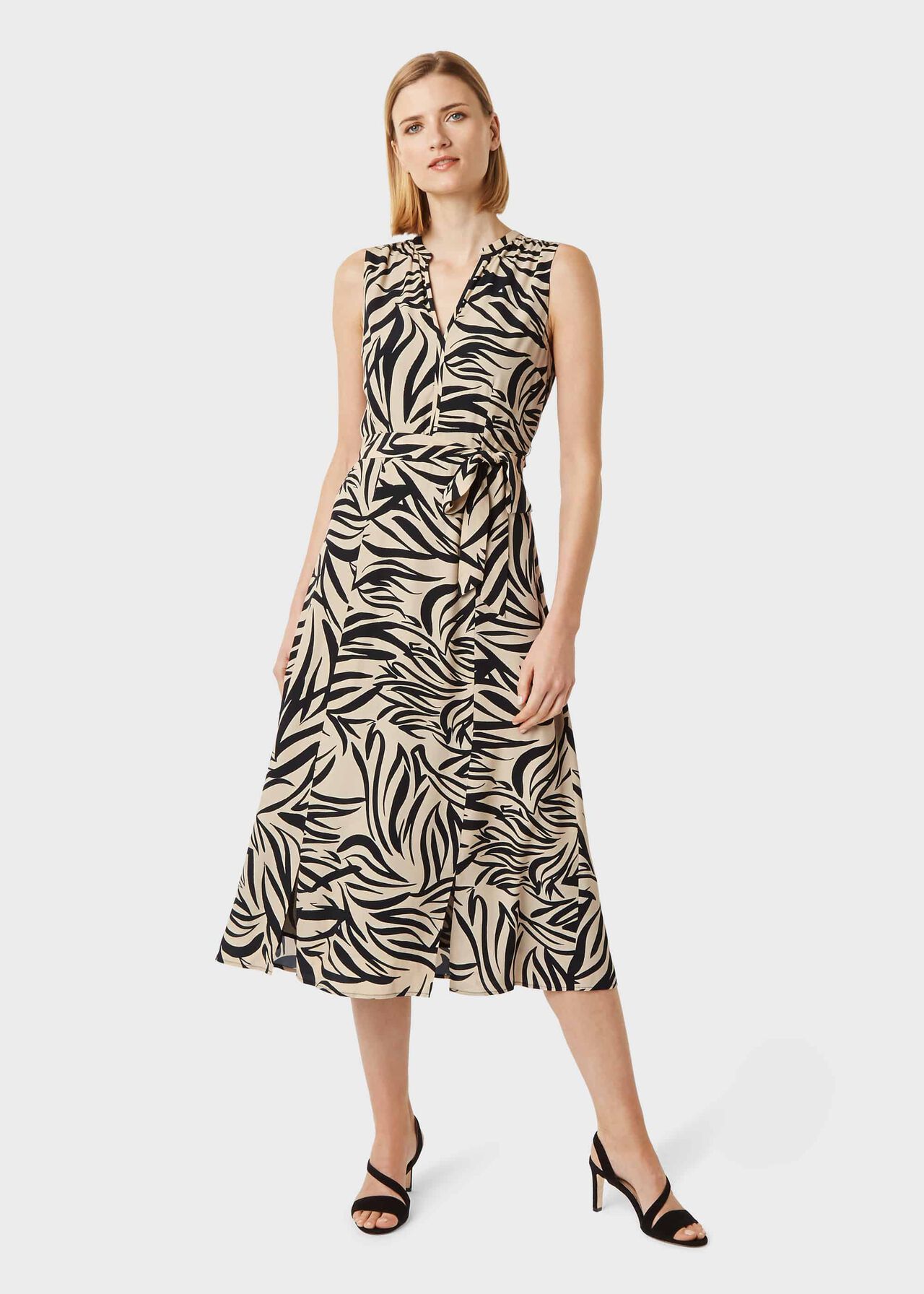 Shelly Printed Belted Dress, Stone Black, hi-res